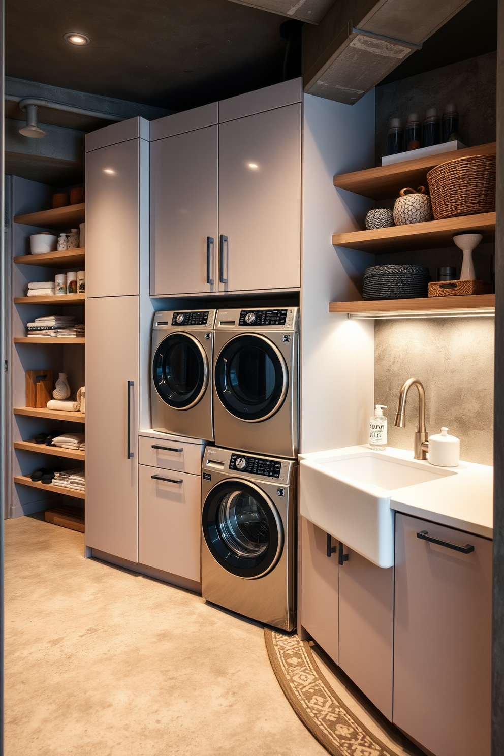 A modern laundry area featuring sleek cabinetry and an efficient layout. The space includes a large sink, a washer and dryer stacked side by side, and ample storage for detergents and supplies. Concrete basement design ideas that emphasize functionality and style. The design incorporates polished concrete floors, open shelving for organization, and cozy seating areas for relaxation.