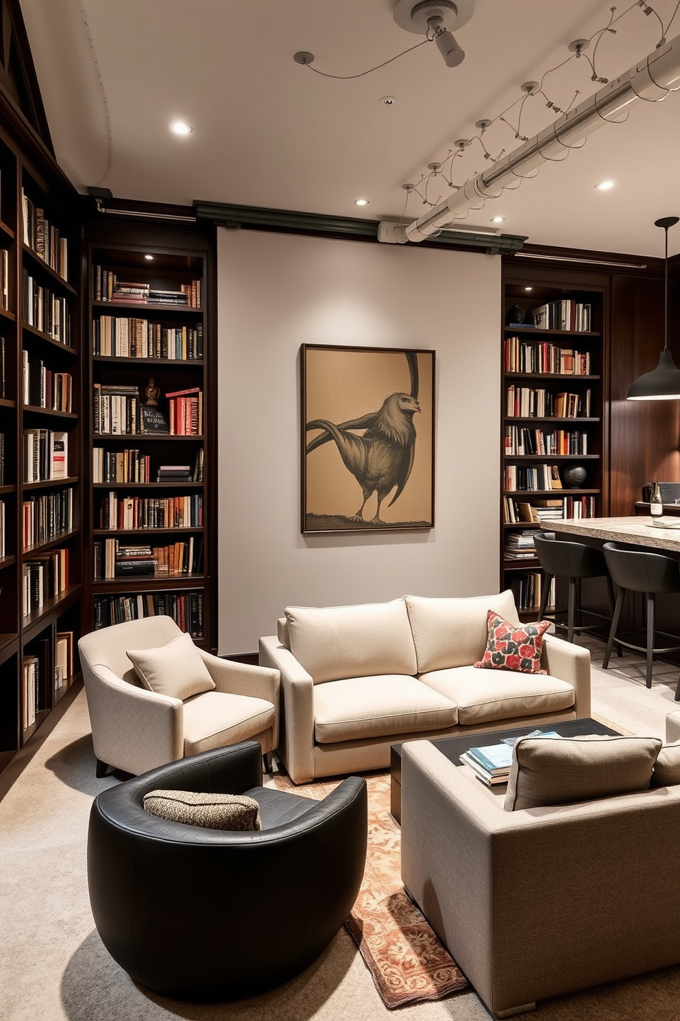 A personal library featuring plush reading chairs in a cozy nook. The walls are lined with dark wooden bookshelves filled with an eclectic collection of books, and soft lighting creates a warm ambiance. A concrete basement designed for relaxation and entertainment. The space includes a sleek sectional sofa, a modern coffee table, and a home bar with stylish stools, all complemented by industrial-style lighting fixtures.