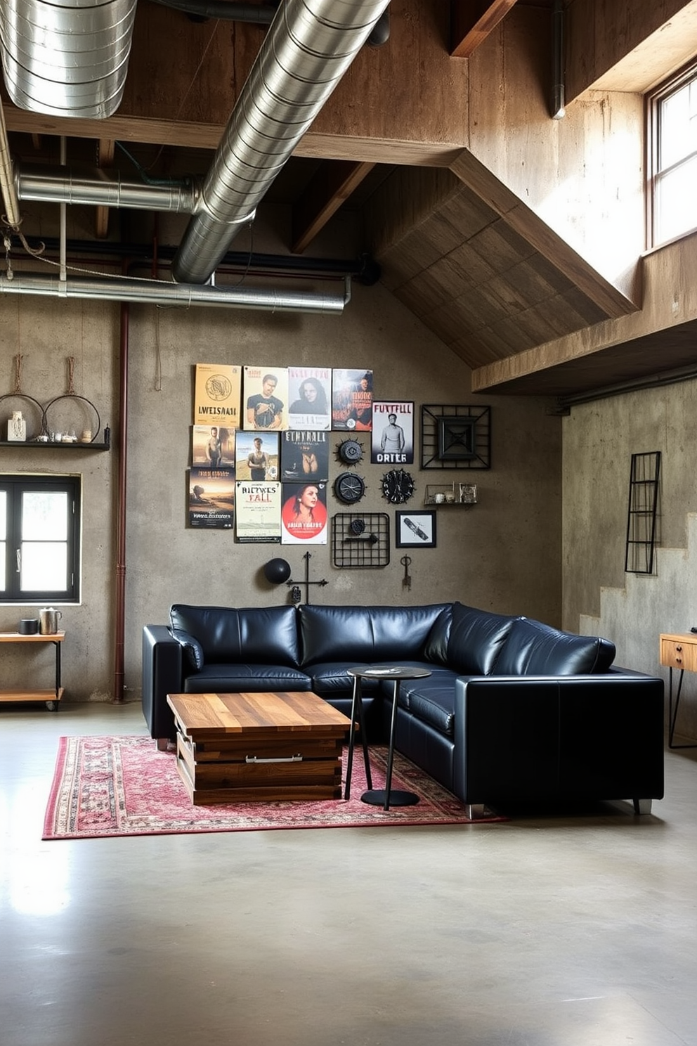 An industrial style basement featuring exposed ductwork and raw concrete walls. The flooring is polished concrete with an area rug for warmth, and large windows allow natural light to filter in. In the center, there is a sleek sectional sofa in dark leather paired with a reclaimed wood coffee table. A gallery wall displays vintage posters and metal accents, adding character to the space.