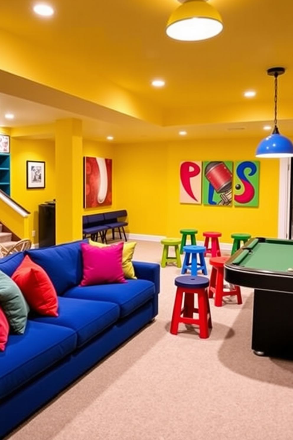 A vibrant and playful basement design featuring bright accent colors. The walls are painted in a cheerful yellow, complemented by a bold blue sectional sofa and colorful throw pillows scattered across the seating area. A fun game zone is created with a pool table surrounded by colorful stools and wall art that pops with reds and greens. Soft lighting fixtures in playful shapes enhance the lively atmosphere while maintaining a cozy feel.