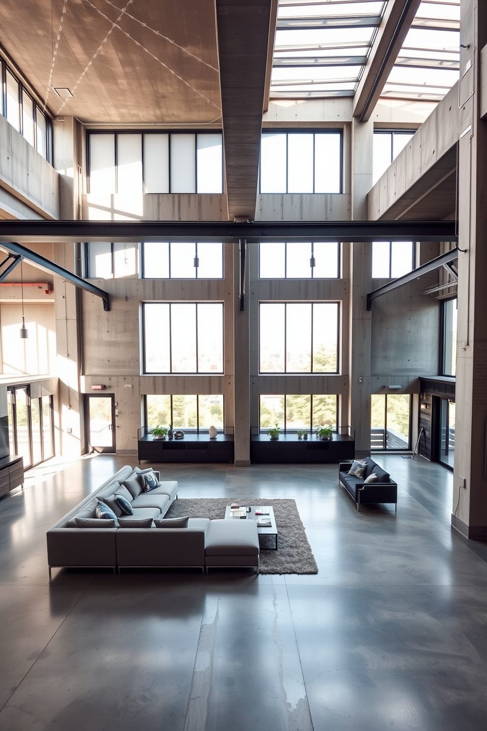 Open layout for versatile usage. The space features an expansive area with high ceilings and large windows that allow natural light to flood in. Concrete walls provide a modern industrial feel, while polished concrete floors enhance the sleek aesthetic. The layout includes flexible furniture arrangements to accommodate various activities, from entertaining guests to creating a cozy reading nook.