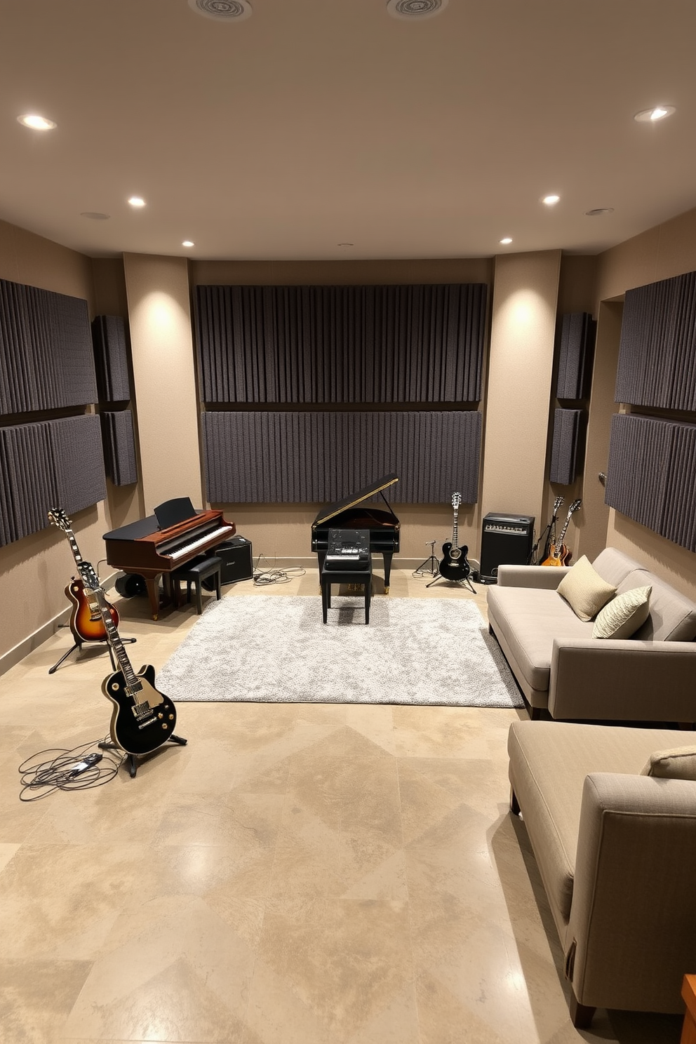 A soundproofed music room designed for practice features thick acoustic panels on the walls and ceiling to minimize sound leakage. The room is filled with various musical instruments, including a grand piano and electric guitars, arranged around a plush area rug. Concrete basement design ideas showcase a modern and industrial aesthetic with polished concrete floors and exposed beams. Soft lighting fixtures are strategically placed to create a warm ambiance, while comfortable seating areas invite relaxation and socialization.