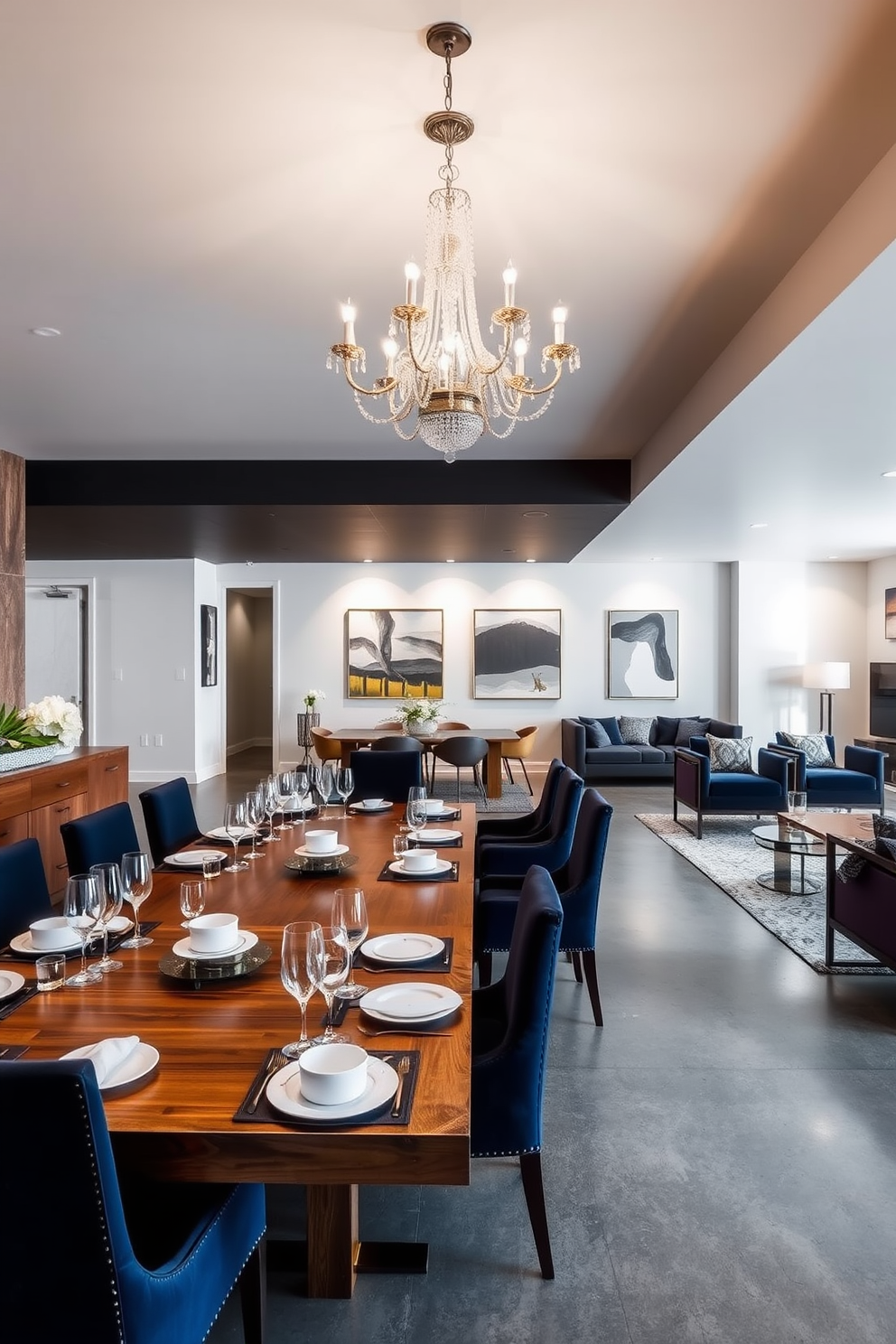 An elegant dining area for entertaining guests features a long wooden table set with fine china and crystal glassware. Surrounding the table are upholstered chairs in a rich navy fabric, and a stunning chandelier hangs above, casting a warm glow. Concrete basement design ideas include a sleek open layout with polished concrete floors and stylish lounge furniture. The space is accented with modern artwork on the walls and soft lighting that creates a cozy atmosphere.