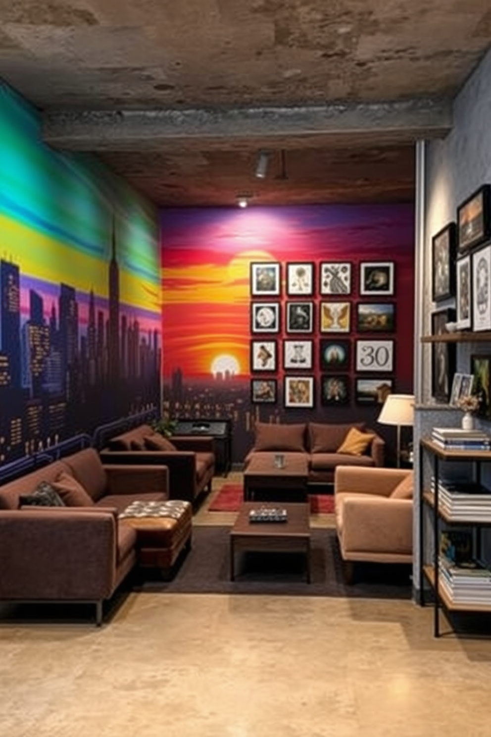 A vibrant mural depicting a city skyline at sunset covers one wall, with bold colors blending seamlessly to create a dynamic atmosphere. The opposite wall features a gallery of framed art pieces that complement the mural, enhancing the creative vibe of the space. The concrete basement is designed with an open layout, showcasing polished concrete floors that reflect the ambient lighting. Cozy seating areas with plush furniture are arranged for comfort, while industrial-style shelves display books and decorative items, adding character to the environment.