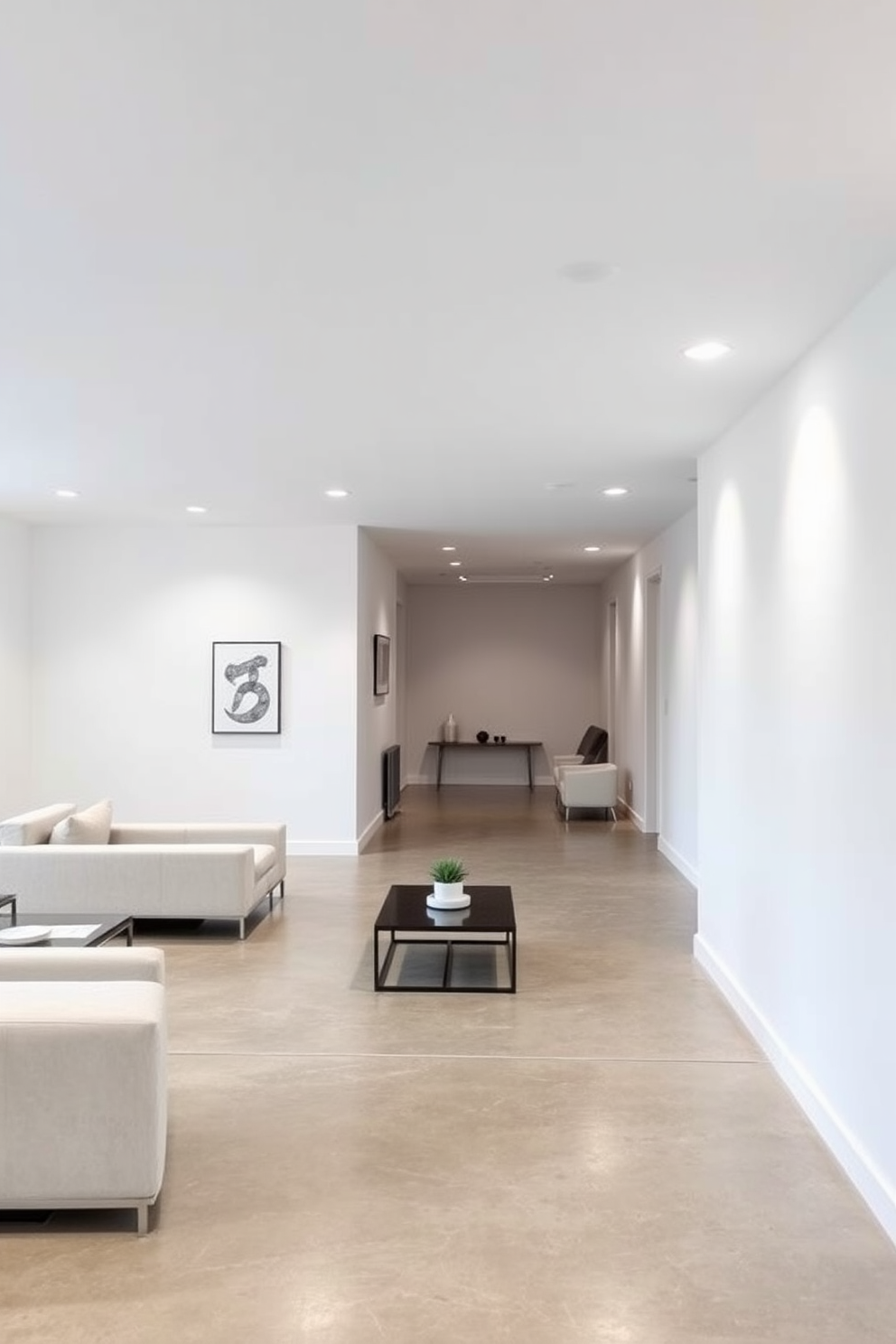 Bright white walls create a sense of spaciousness and openness in the basement. The flooring is polished concrete, providing a modern and industrial aesthetic that complements the bright walls. Soft ambient lighting fixtures are strategically placed to enhance the airy atmosphere. Furnishings are minimalistic, with sleek furniture pieces that maintain the clean lines and open feel of the space.