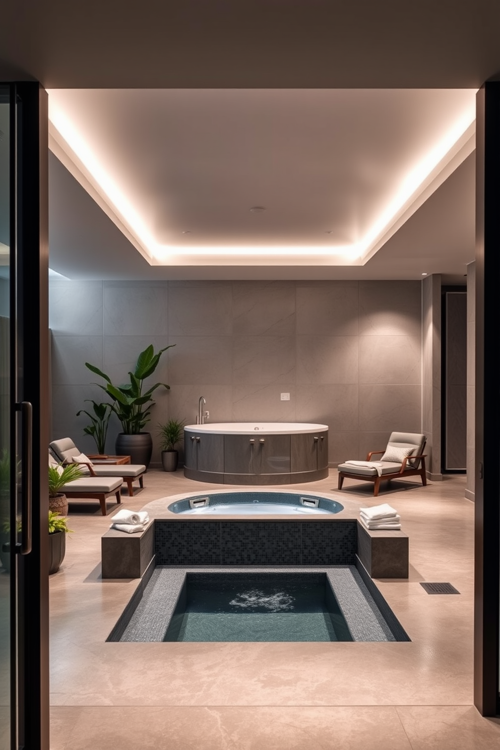 A luxurious spa area featuring a serene atmosphere with soft lighting and natural elements. There are comfortable lounge chairs surrounding a large indoor hot tub, with potted plants adding a touch of greenery. Concrete basement design ideas that emphasize a modern aesthetic with sleek lines and open spaces. The area includes a stylish entertainment zone with a polished concrete floor and comfortable seating arrangements.