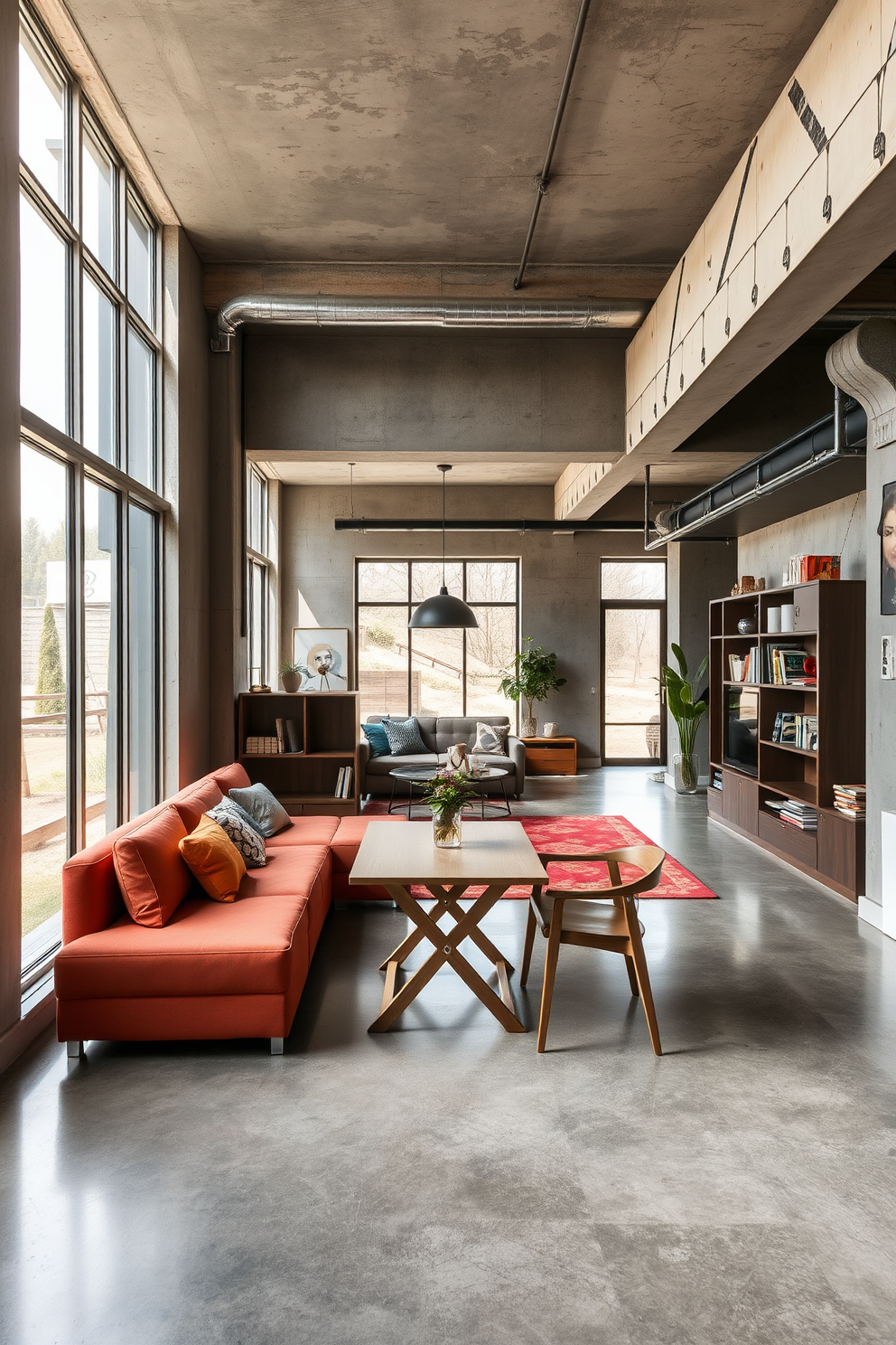 A multi-functional space featuring foldable furniture that seamlessly adapts to various needs. The area includes a stylish sofa that converts into a bed, a dining table that collapses when not in use, and storage solutions that maximize efficiency. The concrete basement design showcases an industrial aesthetic with exposed beams and polished flooring. Large windows allow natural light to flood the space, while cozy seating areas create an inviting atmosphere for relaxation and entertainment.