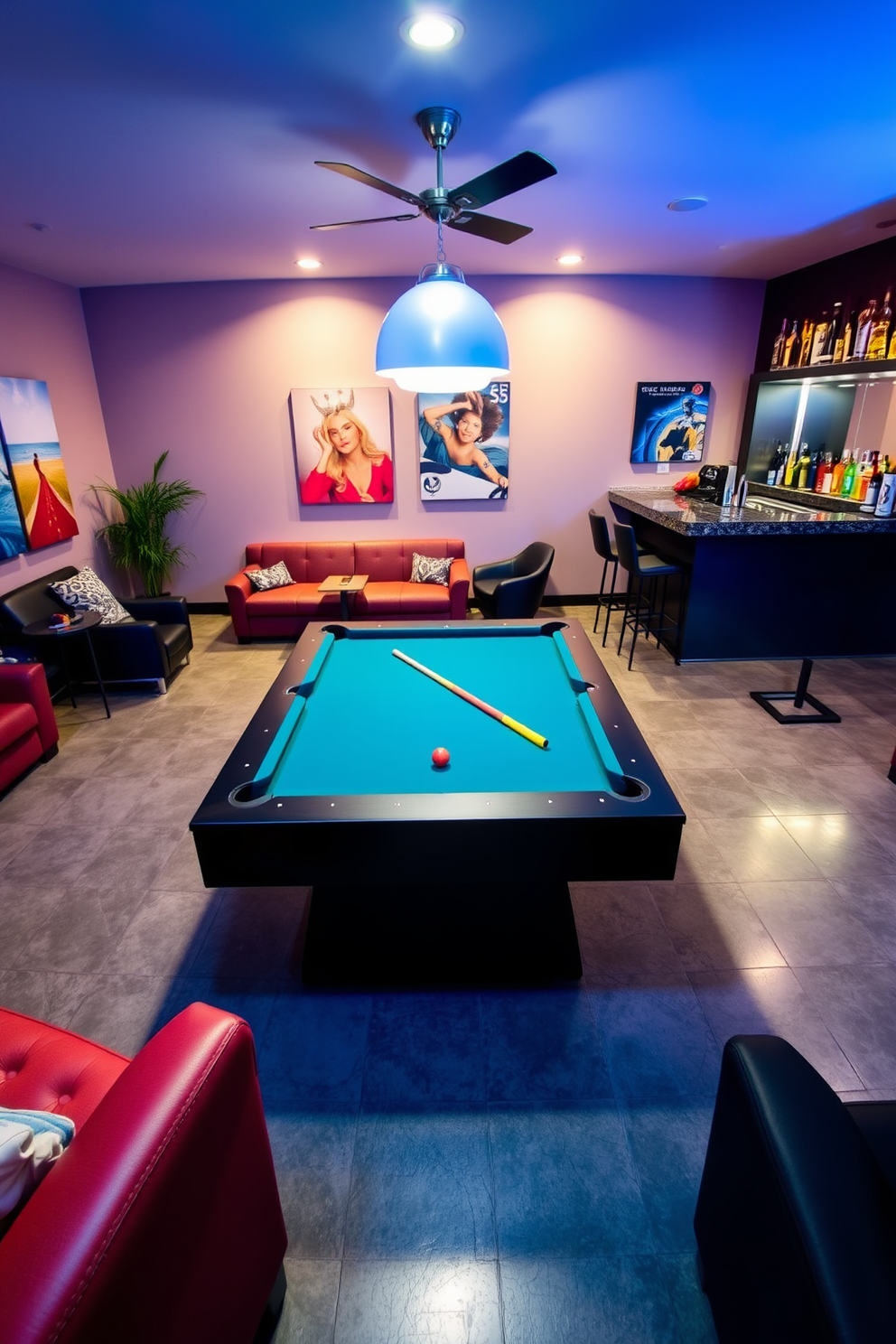 A vibrant game room featuring a sleek pool table centered in the space, surrounded by comfortable seating for friends and family. The walls are adorned with colorful artwork and the lighting is soft yet inviting, creating a lively atmosphere for entertainment. In the corner of the room, a stylish bar area showcases a polished countertop with high stools and an array of drinks on display. The concrete flooring adds an industrial touch, while the overall design promotes a fun and relaxed environment for gatherings.