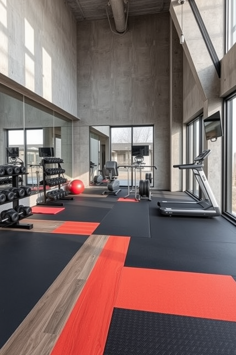 A modern home gym featuring rubber flooring in various colors and textures. The space includes a range of fitness equipment such as weights, a treadmill, and a yoga mat, all set against a backdrop of exposed concrete walls. The design incorporates large windows that allow natural light to flood the room, enhancing the workout experience. Wall-mounted mirrors reflect the space, creating an illusion of a larger area and adding a sleek, professional touch.