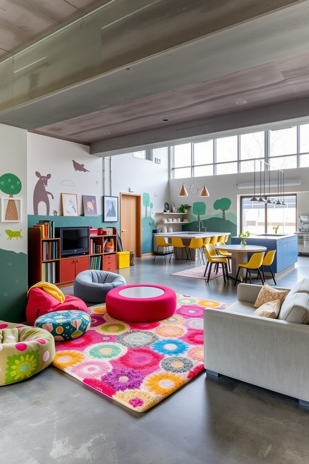 A vibrant children's play area filled with colorful decor. The space features a soft, plush rug in bright patterns, surrounded by playful furniture including a low table and bean bags in various colors. The walls are adorned with whimsical murals of animals and nature. Shelves filled with books and toys are positioned for easy access, creating an inviting and imaginative environment. A modern concrete basement designed for versatility and style. The space incorporates polished concrete floors, exposed beams, and large windows that allow natural light to flood in. Comfortable seating areas are arranged for relaxation, with a sleek bar counter for entertaining. The decor includes minimalist artwork and industrial accents, blending functionality with contemporary aesthetics.