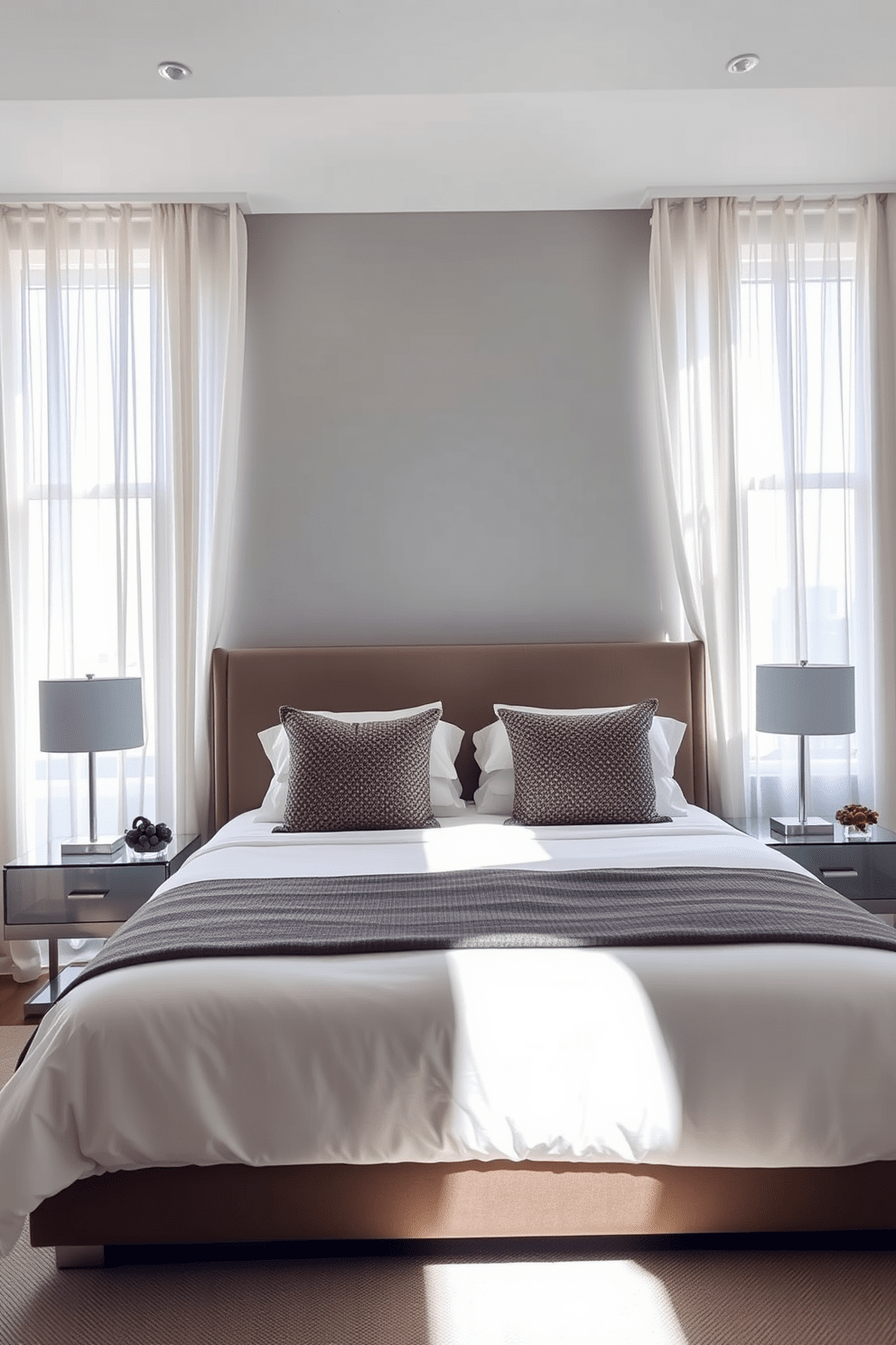 Maximize natural light with sheer curtains in a modern condo bedroom. The room features a large window that allows sunlight to flood in, creating a bright and airy atmosphere. A plush king-sized bed is centered against a soft gray accent wall, adorned with textured throw pillows. Minimalist bedside tables hold stylish lamps, adding a touch of elegance to the space.