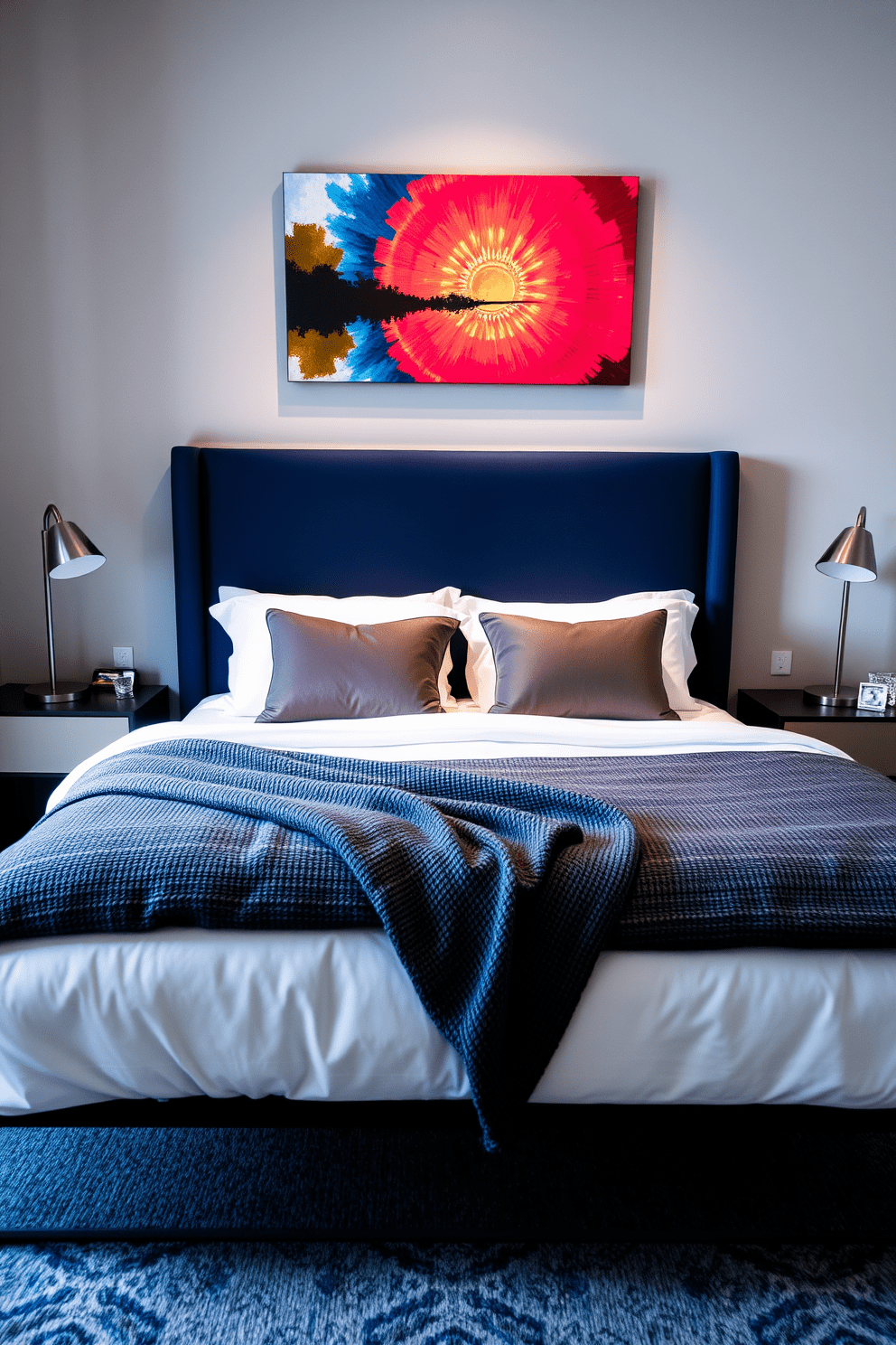 A stylish bed frame stands as the focal point in the condo bedroom, featuring a sleek upholstered headboard in a rich navy blue. The bed is adorned with luxurious bedding, including plush pillows and a textured throw blanket that adds depth and comfort. Flanking the bed are modern nightstands with minimalist lamps that provide soft lighting for a cozy atmosphere. The walls are painted in a soft gray, enhancing the elegance of the space while a vibrant piece of artwork adds a pop of color above the bed.