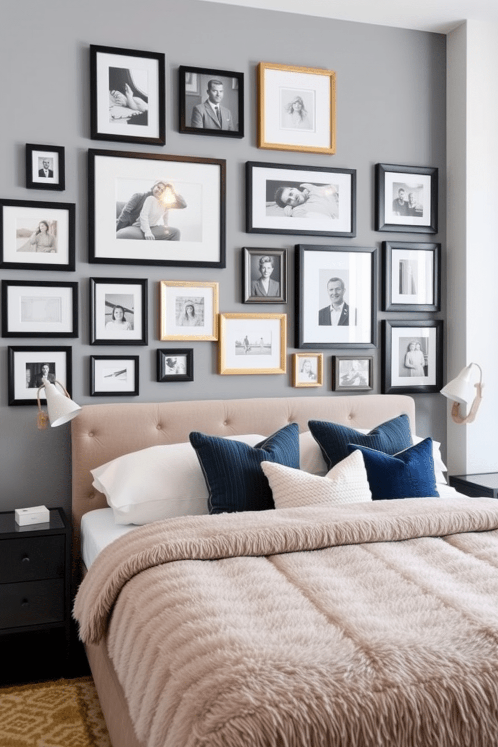 Create a gallery wall featuring a mix of personal artwork and photographs. The wall is adorned with various frames in black and gold, arranged in an asymmetrical pattern to create visual interest. In the condo bedroom, a plush king-sized bed is centered against a soft gray accent wall. The bedding is layered with textured throw pillows in shades of blue and white, complemented by a stylish bedside table on each side.