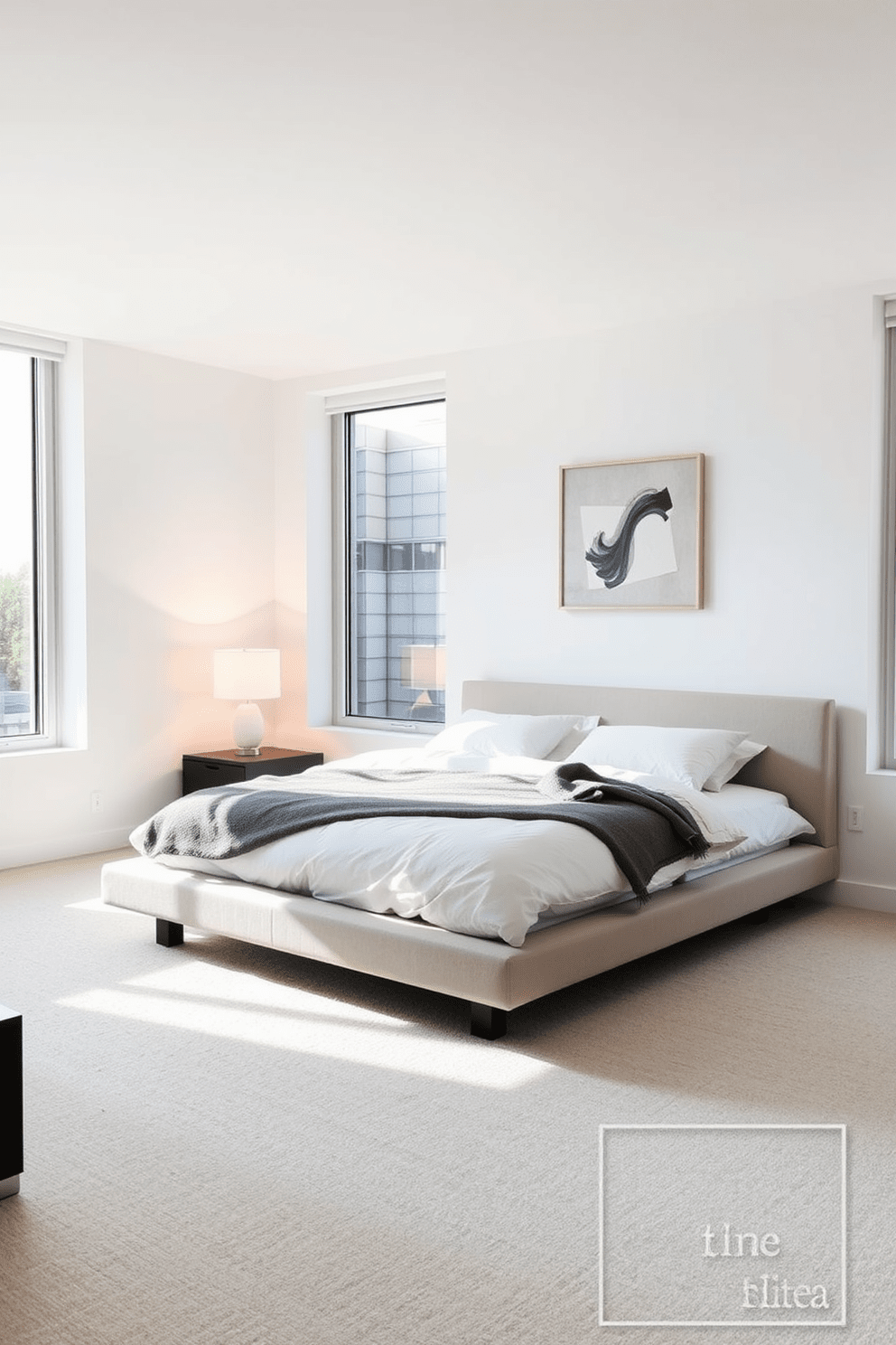 A serene condo bedroom featuring a low-profile platform bed with crisp white linens and a soft gray throw blanket. The walls are painted in a light neutral tone, and large windows allow natural light to fill the space, creating an airy atmosphere. In one corner, a sleek nightstand holds a simple lamp with a warm glow. A single piece of abstract art hangs above the bed, adding a touch of personality without overwhelming the minimalist aesthetic.