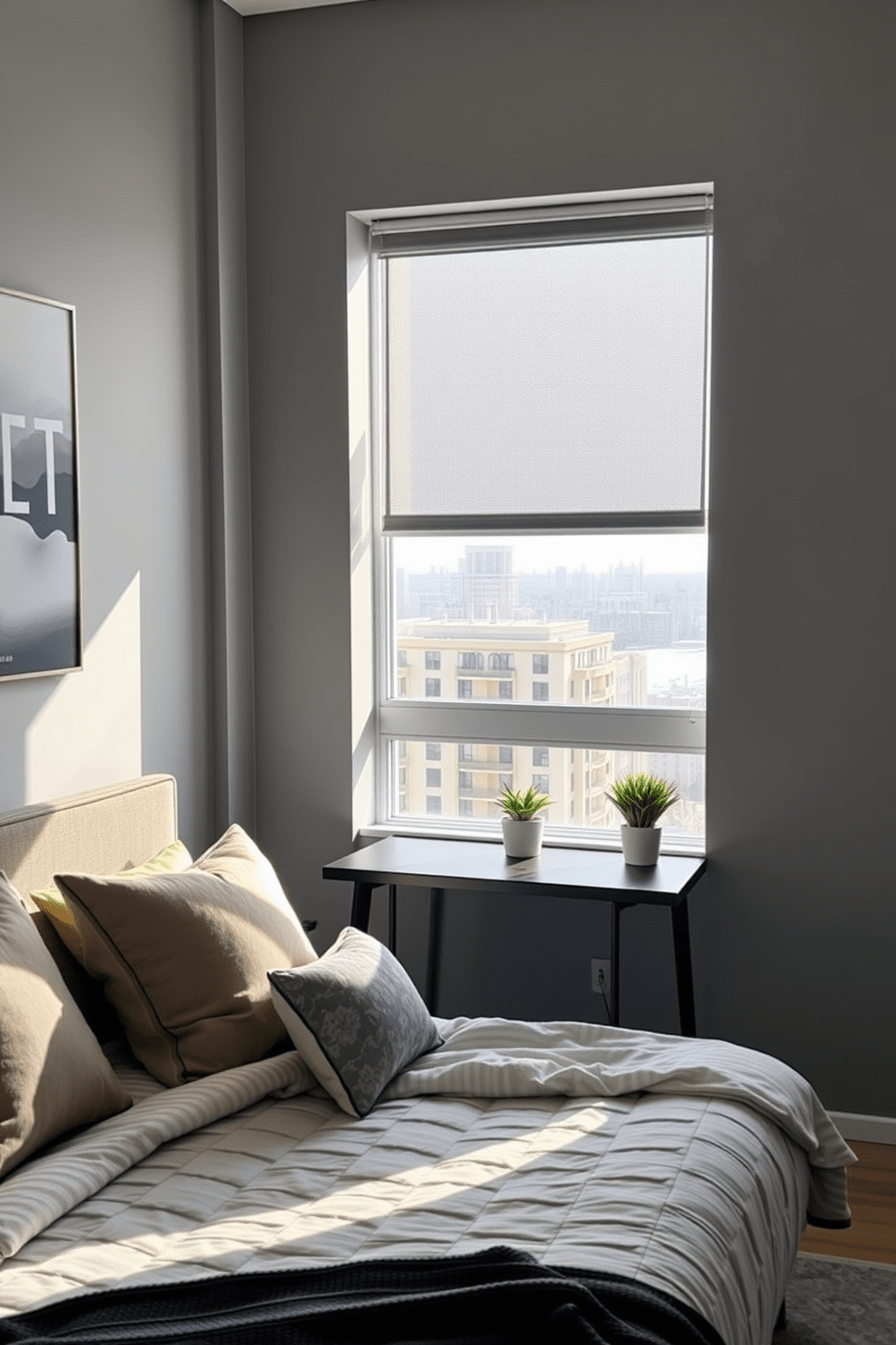 A stylish condo bedroom featuring a sleek desk positioned against a wall, perfect for a work-from-home setup. The bed is adorned with plush bedding and decorative pillows, while a large window allows natural light to flood the room, enhancing the cozy atmosphere. The walls are painted in a soft gray tone, creating a calm backdrop for the contemporary artwork displayed above the bed. A small potted plant sits on the desk, adding a touch of greenery to the space and promoting a productive work environment.