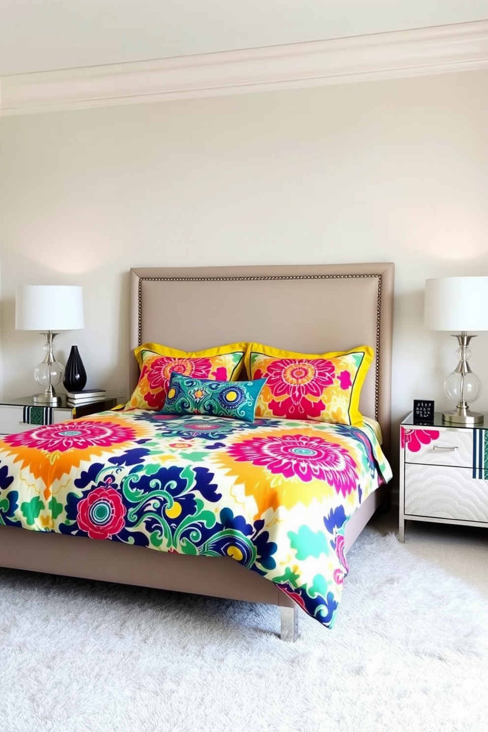 A stylish condo bedroom featuring bedding with bold patterns in vibrant colors that create a striking focal point. The walls are painted in a soft neutral tone, allowing the bedding to stand out, while elegant bedside tables with modern lamps add sophistication to the space.