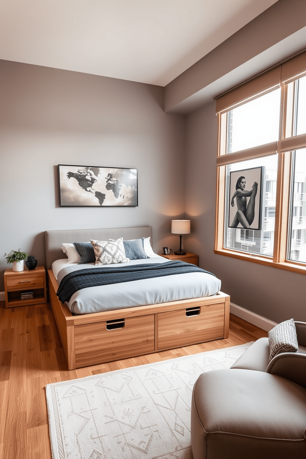 A modern condo bedroom featuring a queen-sized bed with a sleek upholstered headboard. Under the bed, there are stylish storage boxes that keep the space organized and clutter-free. The walls are painted in a soft gray hue, complemented by warm wood accents throughout the room. A cozy reading nook is created by a comfortable armchair positioned near a large window, allowing natural light to fill the space.