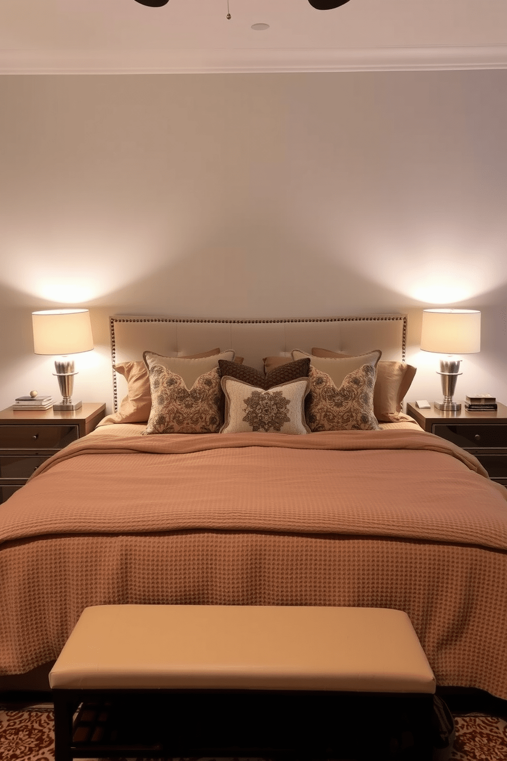 Create a cozy atmosphere with soft lighting. The bedroom features a plush king-sized bed dressed in warm, textured linens and a mix of decorative pillows. A pair of bedside tables hold stylish lamps that emit a gentle glow. The walls are painted in a soothing pastel hue, and a large area rug adds warmth underfoot.