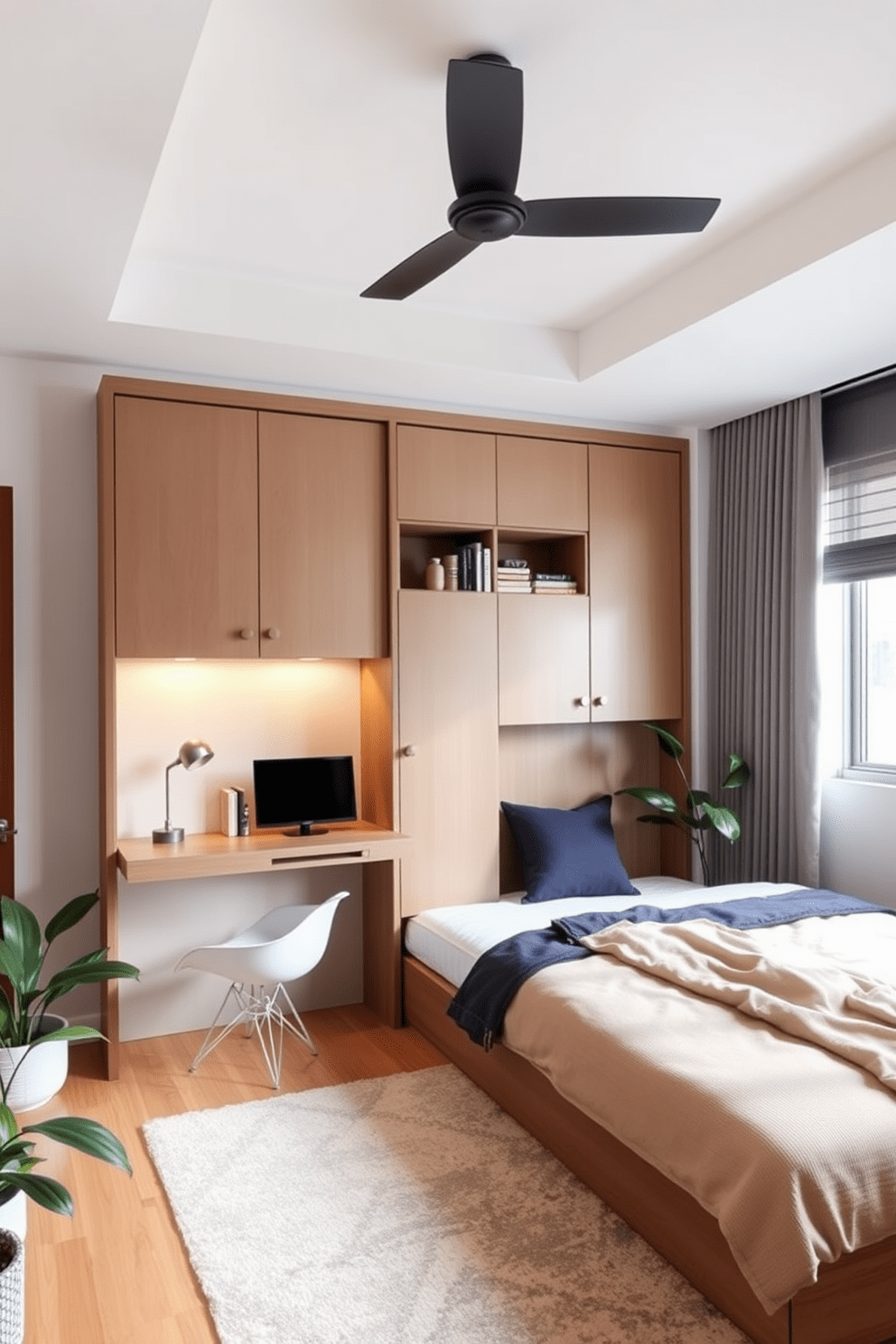 A stylish condo bedroom featuring a Murphy bed that folds up into the wall to create more floor space. The room includes a compact desk that doubles as a nightstand, with shelves above for storage and decorative items. The walls are painted in a light neutral tone to enhance the sense of space, while a large window allows natural light to flood the room. A cozy area rug adds warmth, and plants in the corners bring a touch of nature indoors.