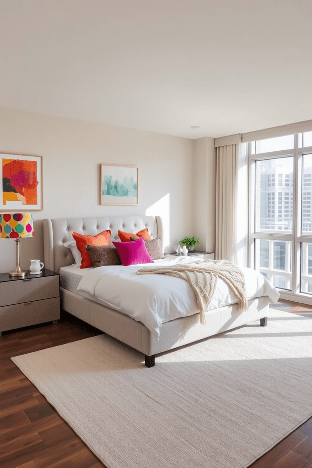 A serene condo bedroom featuring a neutral color palette with soft beige walls and a light gray upholstered bed. Colorful accents are introduced through vibrant throw pillows, a bold area rug, and abstract artwork on the walls. The bedding is layered with crisp white sheets and a textured blanket, while a stylish bedside table holds a modern lamp with a colorful shade. Natural light floods the room through large windows, enhancing the cozy atmosphere and highlighting the carefully curated decor.