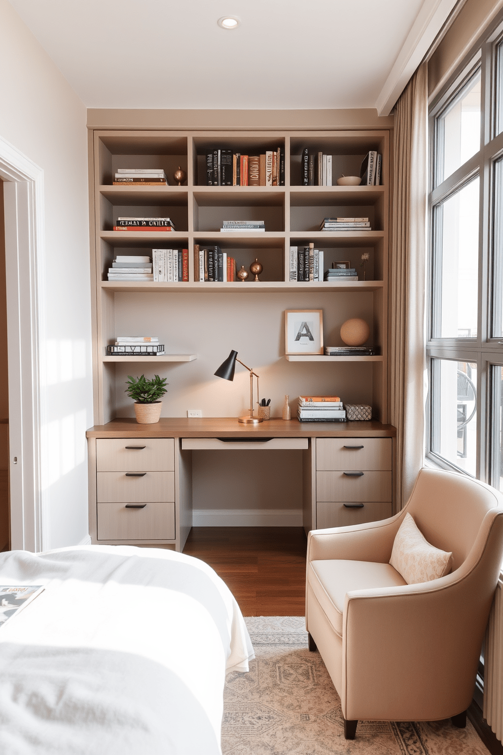 A cozy small workspace with clever storage solutions. The desk is positioned against a wall and features built-in shelves above it, filled with books and decorative items. The color palette includes soft neutrals with a pop of color from a stylish chair. A small potted plant sits on the desk, adding a touch of greenery to the space. --- A serene condo bedroom designed for relaxation and comfort. The bed is framed with a plush upholstered headboard and layered with soft, inviting bedding. Natural light floods the room through large windows, highlighting a minimalist nightstand with a modern lamp. A cozy reading nook is created by a comfortable chair in the corner, accompanied by a small bookshelf.