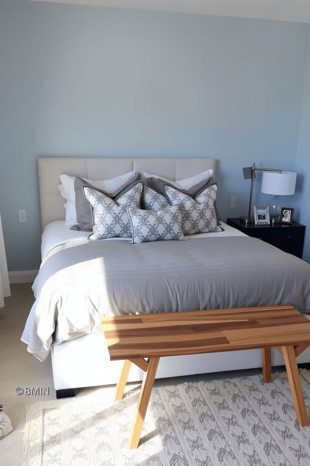 A cozy condo bedroom featuring a plush bed with a soft gray comforter and an array of decorative pillows. At the foot of the bed, a stylish wooden bench adds functionality and warmth, complementing the overall aesthetic of the space. The walls are painted in a calming light blue hue, creating a serene atmosphere. A bedside table with a sleek lamp and a few personal touches completes the inviting look of the room.