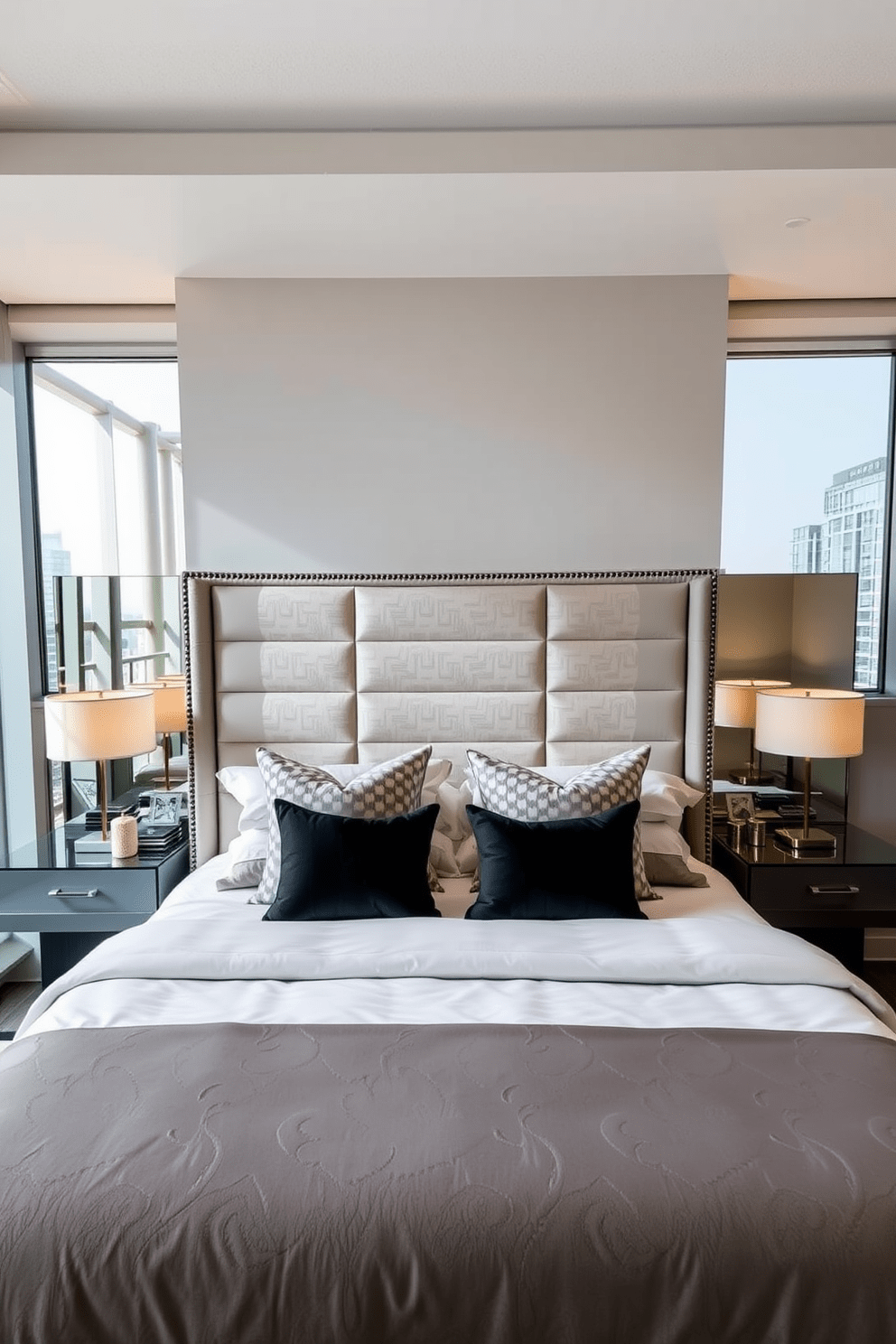 A modern condo bedroom featuring a unique upholstered headboard that serves as the focal point of the room. The headboard is adorned with geometric patterns and soft textures, complementing the neutral color palette of the space. Flanking the headboard are sleek nightstands with minimalist lamps that provide warm ambient lighting. Large windows allow natural light to flood the room, highlighting the carefully chosen decor and creating an inviting atmosphere.