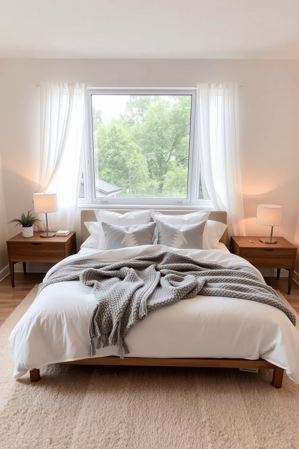 Create a serene atmosphere with soft textiles in a cozy condo bedroom. The walls are painted in a light pastel color, and the bedding features layers of plush white and grey fabrics. A large window allows natural light to flood the room, adorned with sheer curtains that gently sway. A minimalist wooden bed frame holds a comfortable mattress topped with decorative pillows and a chunky knit throw. On either side of the bed, stylish bedside tables hold modern lamps with warm light. A soft area rug lies beneath the bed, adding warmth and texture to the space.