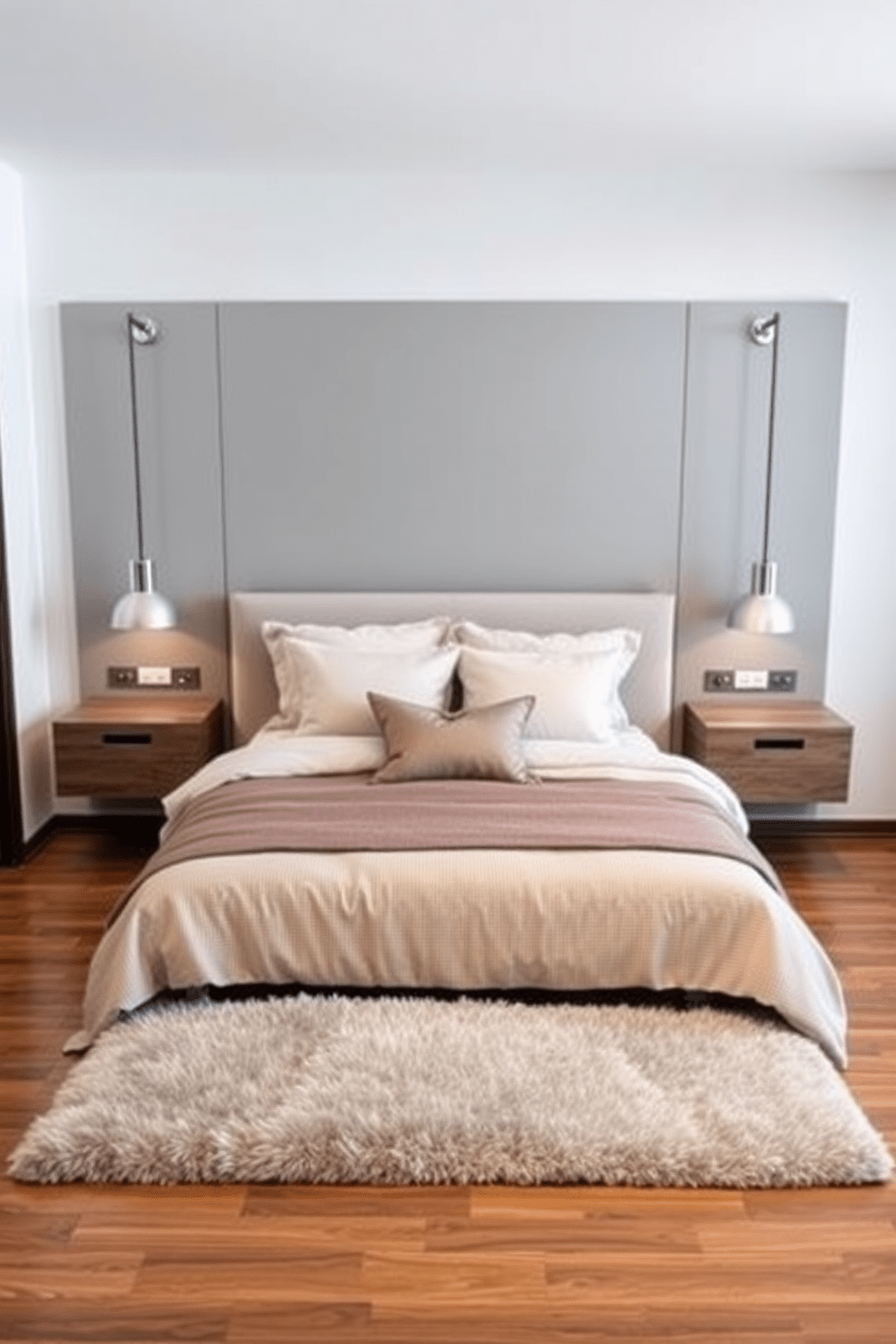 A modern condo bedroom featuring wall-mounted nightstands that maximize floor space. The bed is centered against a soft gray accent wall, with stylish pendant lights hanging above the nightstands on either side. The bedding is a mix of textured fabrics in neutral tones, creating a cozy yet sophisticated atmosphere. A plush area rug in a subtle geometric pattern adds warmth to the hardwood floor.