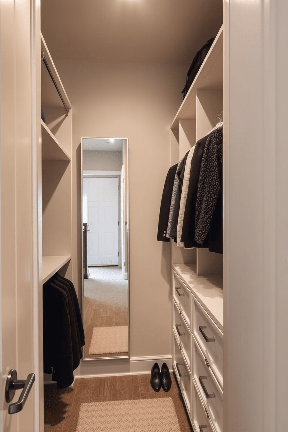 A small walk-in closet designed for functionality features custom shelving and hanging rods that maximize storage space. The walls are painted in a soft neutral color, and a full-length mirror is positioned to enhance the sense of openness. Incorporate built-in drawers for accessories and shoes, ensuring everything has its place. Soft lighting is installed to create a warm and inviting atmosphere, complementing the sleek design.