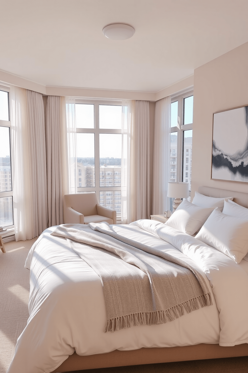 A serene condo bedroom featuring a plush king-sized bed dressed in soft white linens with a light gray throw blanket. Large windows allow natural light to flood the space, complemented by sheer curtains that gently sway in the breeze. On one side of the bed, a minimalist nightstand holds a small decorative lamp and a stack of books, while a cozy armchair sits in the corner, inviting relaxation. The walls are painted in a soft beige tone, enhancing the calming atmosphere, and a large piece of abstract art adds a touch of elegance above the bed.