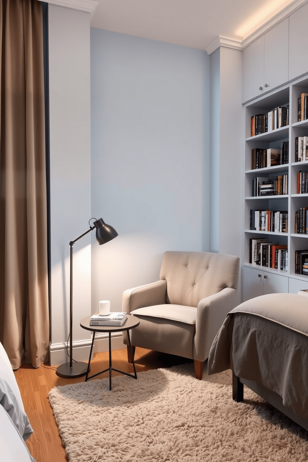 A cozy reading nook area in a condo bedroom features a plush armchair upholstered in soft gray fabric positioned next to a large window. A small side table holds a stack of books and a warm cup of tea, while a sleek floor lamp provides soft lighting for evening reading. The walls are painted in a calming pale blue, complemented by a thick area rug in neutral tones that adds warmth to the space. Shelves filled with books line one wall, creating an inviting atmosphere perfect for relaxation and escape.