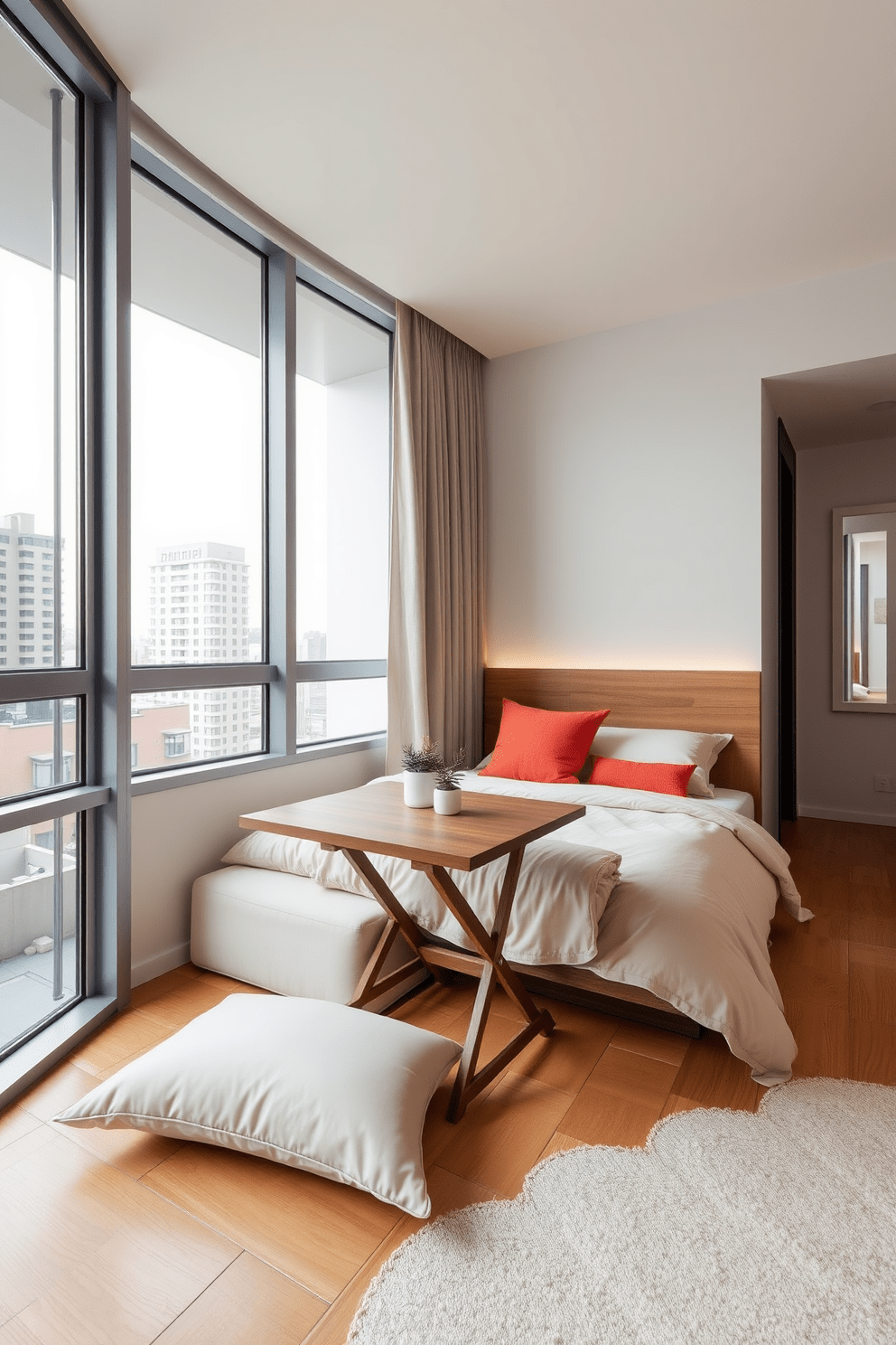 A modern condo bedroom featuring a cozy ambiance. The room includes a stylish foldable table that can be easily tucked away when not in use, providing flexibility for various activities. The bed is dressed in soft, neutral linens, complemented by colorful accent pillows. Large windows allow natural light to flood the space, enhancing the warm wooden flooring and minimalist decor.