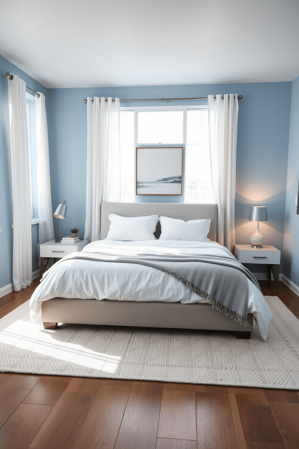 A serene condo bedroom featuring soft blue walls that evoke tranquility. The room is adorned with a plush king-sized bed dressed in crisp white linens and a light gray throw blanket. Natural light floods the space through large windows dressed with sheer white curtains. A minimalist nightstand on either side of the bed holds modern lamps with warm, ambient lighting. The floor is covered with a cozy area rug in neutral tones, adding warmth to the room. A contemporary artwork piece hangs above the bed, creating a focal point without overwhelming the serene atmosphere.