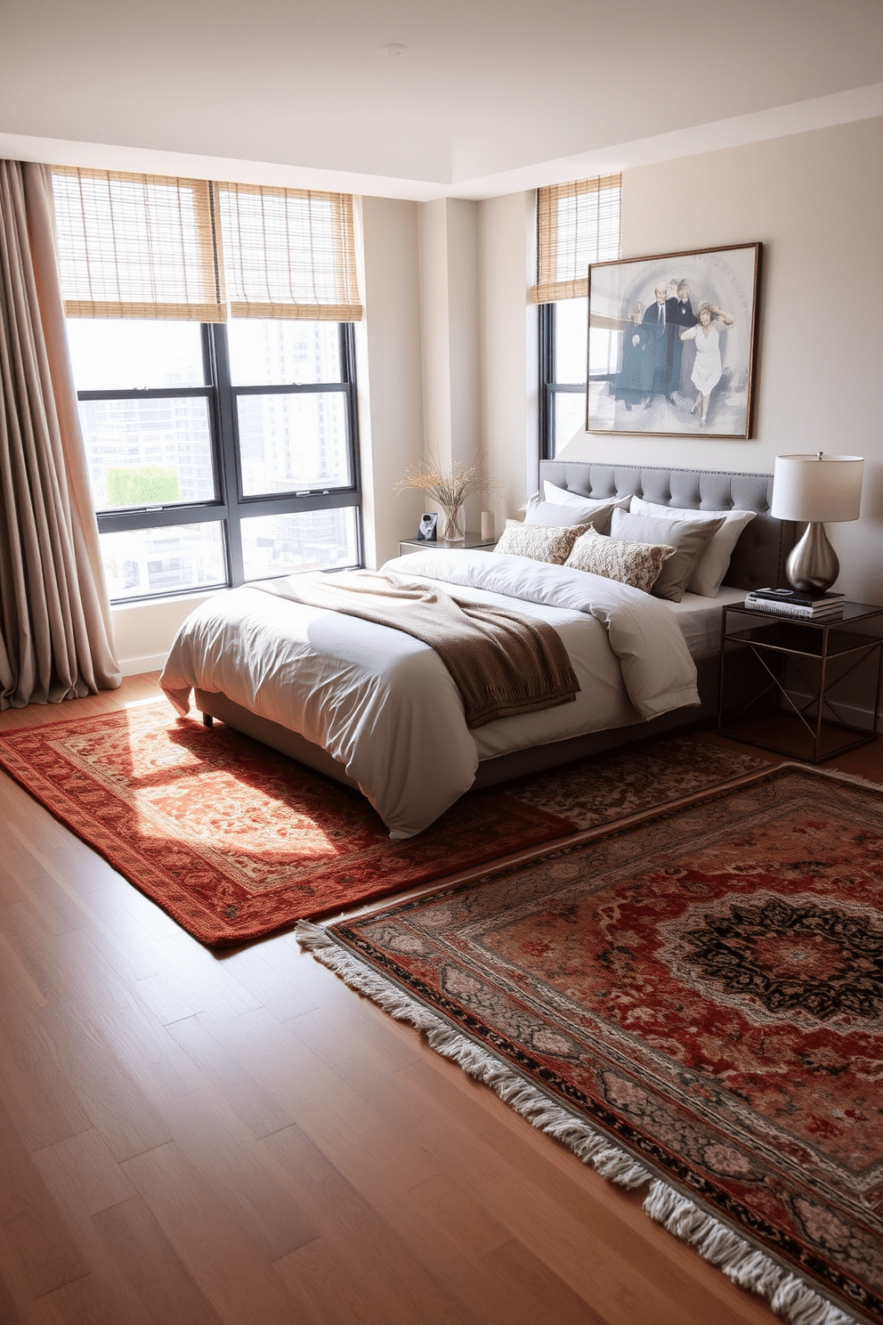 A cozy condo bedroom featuring layered rugs in varying sizes and textures to create warmth and depth. The room is adorned with a plush bed dressed in soft linens, complemented by decorative pillows in muted tones. Natural light pours in through large windows, illuminating the space and highlighting the rich textures of the rugs. A stylish bedside table holds a modern lamp and a few carefully curated books, adding a personal touch to the design.