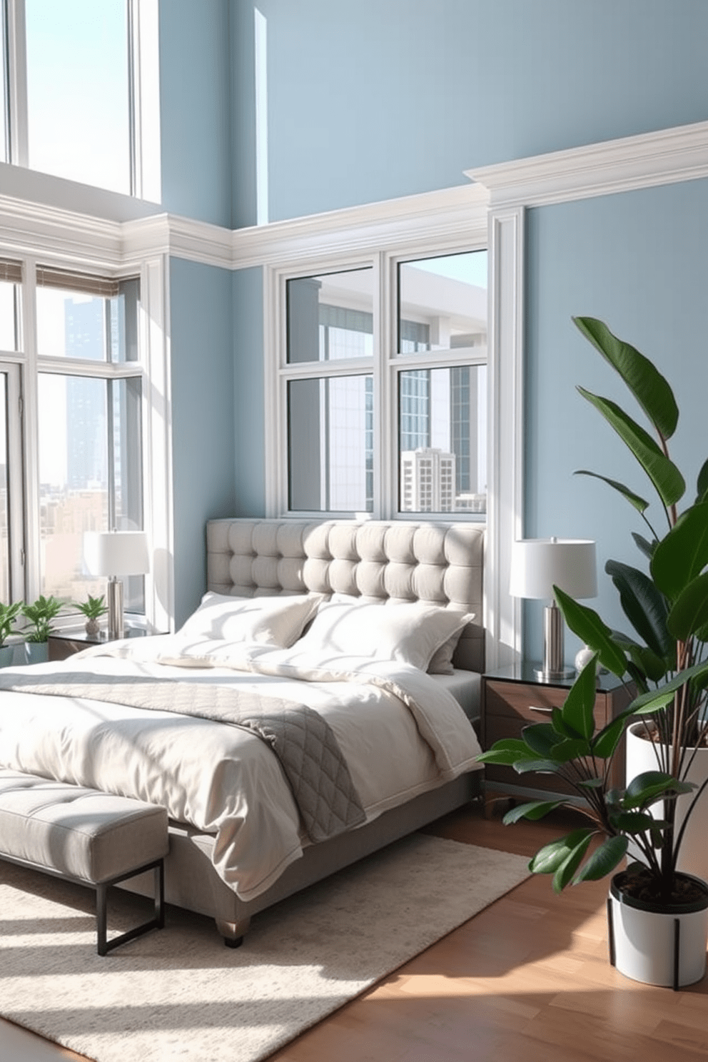 A cozy condo bedroom featuring a plush king-size bed with a soft gray upholstered headboard. Beside the bed, there are sleek nightstands with modern lamps, and large windows allow natural light to fill the space. The walls are painted in a calming light blue, complemented by white trim. Lush indoor plants are placed in decorative pots in the corners, adding a touch of freshness and vibrancy to the room.