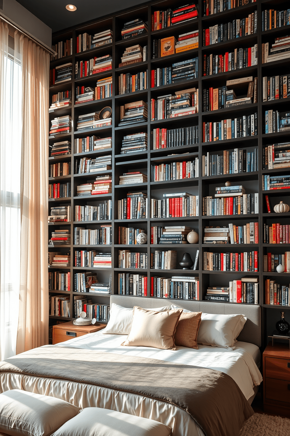 A modern condo bedroom featuring tall bookshelves that reach up to the ceiling. The shelves are filled with an eclectic mix of books and decorative items, creating a visually striking focal point in the room. The bed is positioned against a wall with soft, neutral-toned bedding and plush pillows. Large windows allow natural light to flood the space, complemented by sheer curtains that add an airy feel.