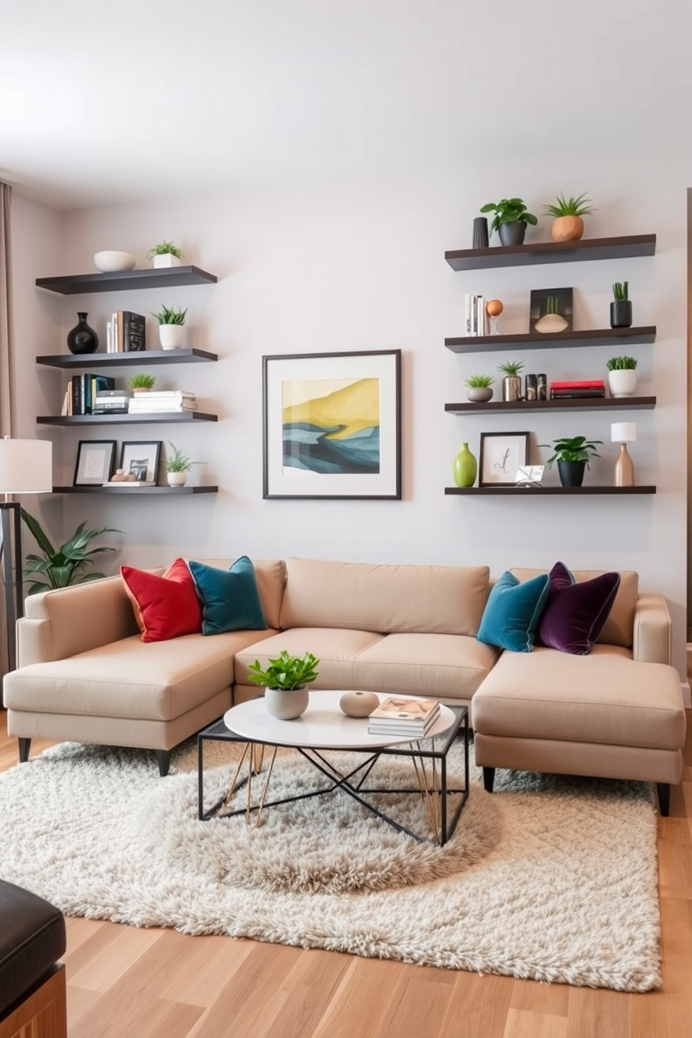 A stylish condo living room featuring wall-mounted shelves that maximize floor space. The shelves are adorned with decorative books, plants, and art pieces, creating an inviting atmosphere. The seating arrangement includes a sleek sectional sofa in a neutral tone, complemented by colorful accent pillows. A modern coffee table sits in the center, surrounded by a plush area rug that adds warmth to the space.