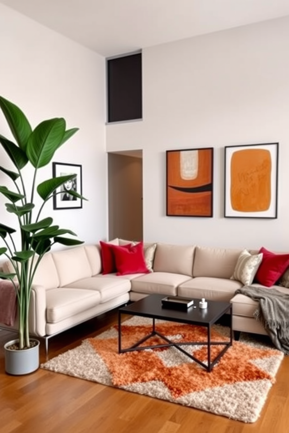 A stylish condo living room featuring a plush sectional sofa in a neutral tone, accented by vibrant throw pillows. A large indoor plant stands in the corner, adding a touch of nature and freshness to the space. The walls are adorned with modern art pieces, creating a focal point that draws the eye. A sleek coffee table sits in the center, surrounded by a cozy area rug that ties the room together.