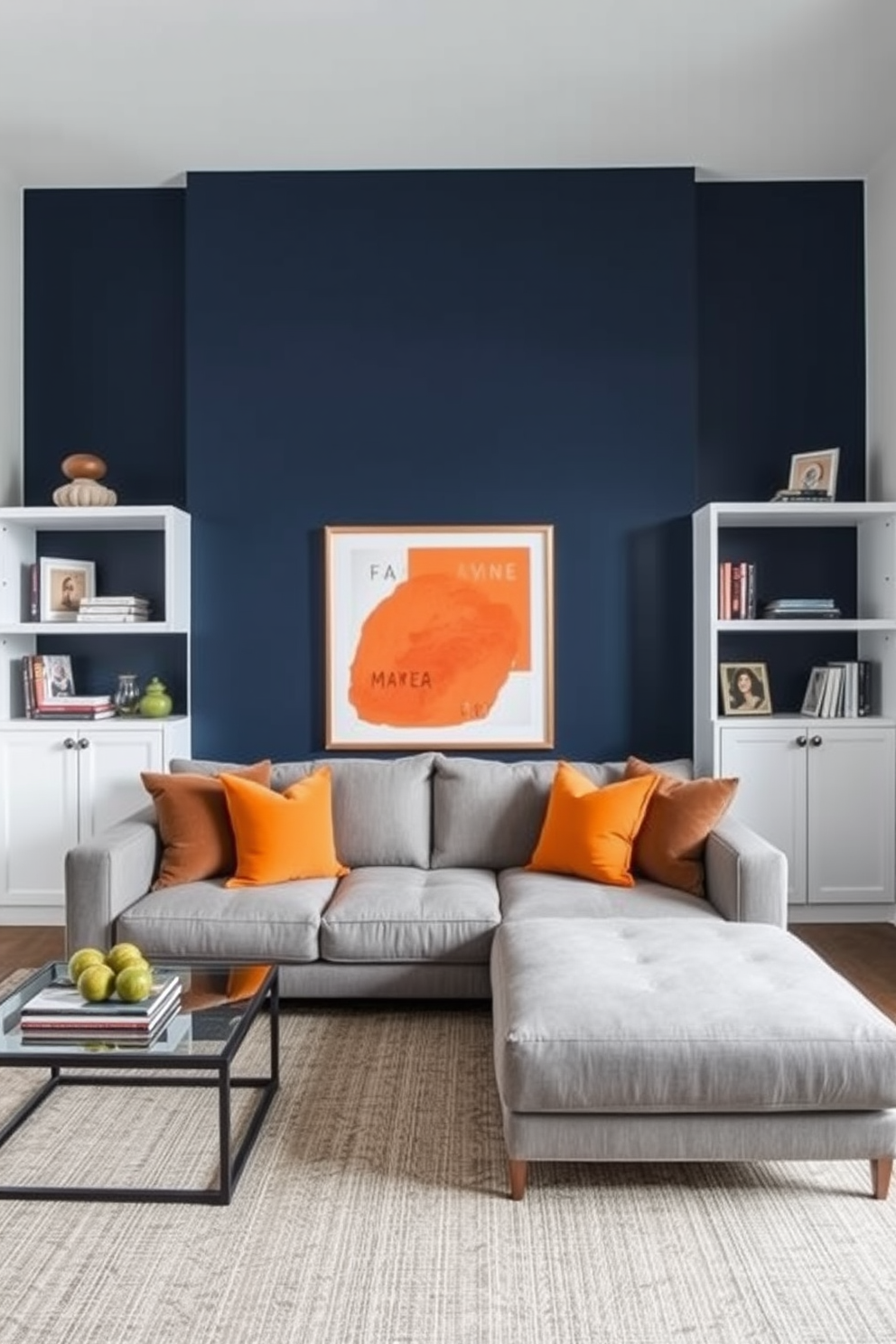 A striking accent wall painted in deep navy blue serves as the focal point of the condo living room. Flanking the wall are sleek white shelves adorned with curated decor and books, creating a stylish contrast. The seating area features a plush gray sectional sofa paired with vibrant orange throw pillows for a pop of color. A modern coffee table with a glass top sits atop a textured area rug, adding warmth and depth to the space.