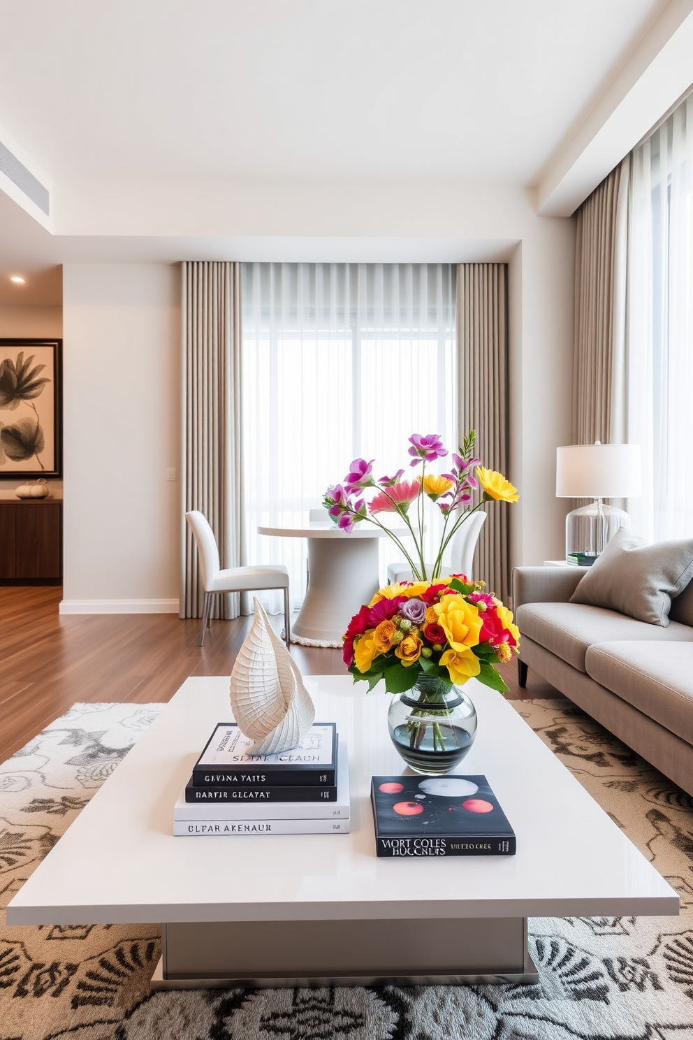 A chic condo living room features a sleek coffee table at the center, adorned with a stylish centerpiece. The centerpiece includes a collection of decorative books, a modern sculpture, and a vibrant floral arrangement in a contemporary vase.