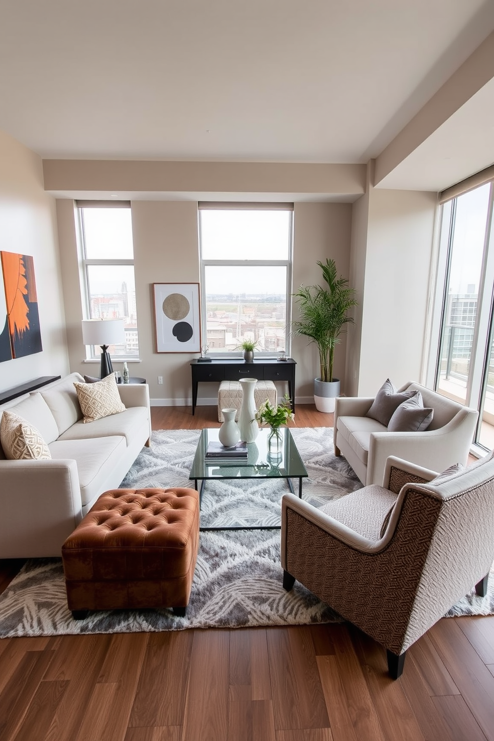 A stylish condo living room featuring a cozy seating arrangement with a plush sofa and two elegant armchairs. In the center, a chic coffee table sits atop a soft area rug, while decorative ottomans are strategically placed for both extra seating and hidden storage. The walls are adorned with contemporary art pieces that add a pop of color to the neutral palette. Large windows allow natural light to flood the space, creating a warm and inviting atmosphere.