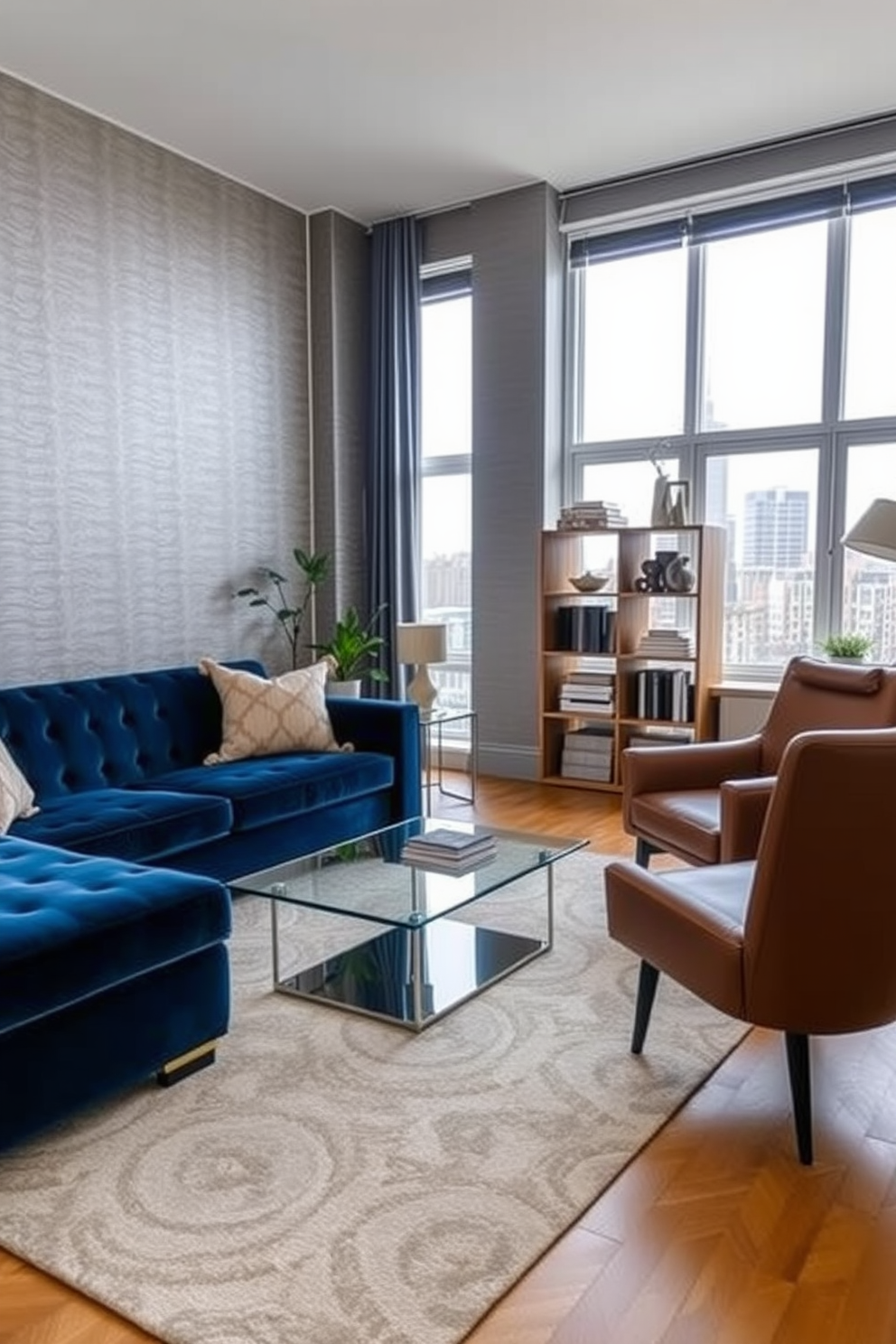 A stylish condo living room featuring a plush velvet sofa in deep blue paired with a sleek glass coffee table. The walls are adorned with textured wallpaper in a soft gray, while a cozy area rug with geometric patterns anchors the space. In the corner, a modern armchair upholstered in soft leather complements the sofa, and a wooden bookshelf showcases curated decor items. Large windows allow natural light to flood in, highlighting the mix of materials and creating an inviting atmosphere.