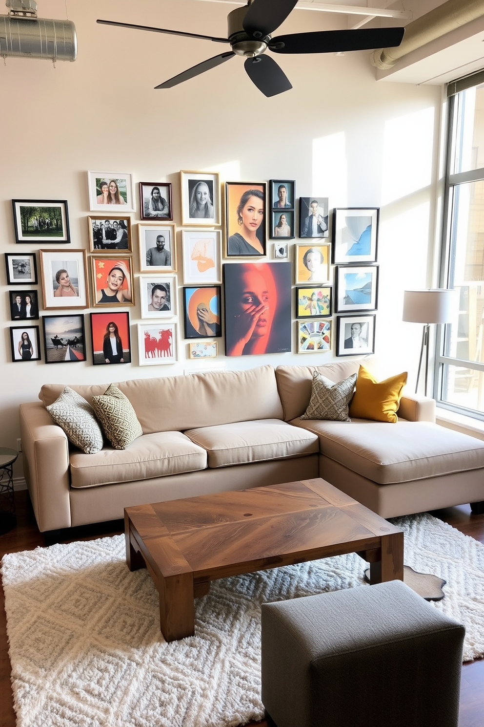 A stylish condo living room features a cozy seating arrangement with a plush sectional sofa in a neutral tone. The focal point of the room is a gallery wall adorned with a mix of personal artwork, including framed photographs and colorful paintings, creating a vibrant and personalized atmosphere. Natural light floods the space through large windows, highlighting a sleek coffee table made of reclaimed wood. A soft area rug anchors the seating area, while decorative throw pillows in various textures add warmth and comfort to the overall design.