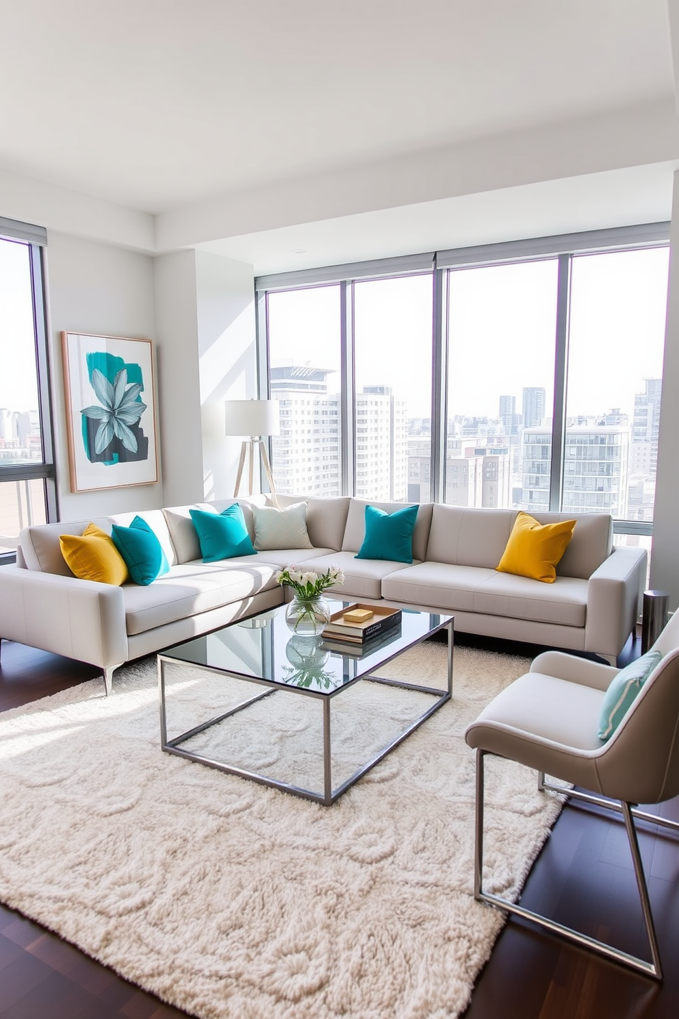 A modern condo living room featuring a sleek sectional sofa upholstered in a neutral fabric. Brightly colored throw pillows in shades of teal and mustard add a vibrant pop of color, enhancing the overall aesthetic. The space includes a stylish coffee table made of glass and metal, surrounded by a cozy area rug that ties the room together. Large windows allow natural light to flood the space, highlighting the minimalist decor and contemporary artwork on the walls.