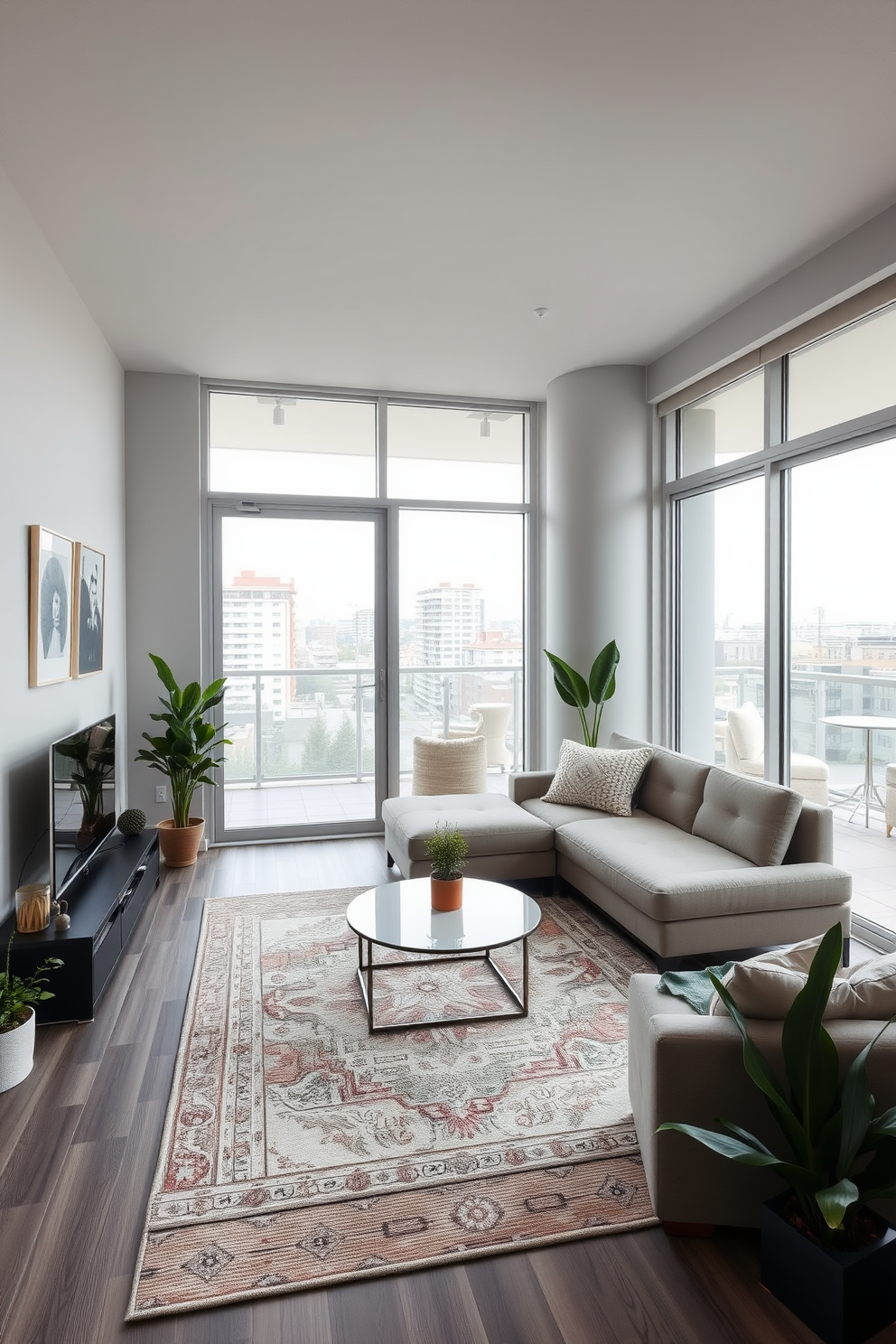 A contemporary condo living room featuring large sliding glass doors that open to a balcony, allowing natural light to flood the space. The room is furnished with a sleek sectional sofa, a minimalist coffee table, and a stylish area rug that ties the colors together. The walls are painted in a soft gray, creating a calming atmosphere, while a few carefully chosen artworks add personality. Potted plants are placed strategically around the room to bring a touch of nature indoors, enhancing the overall aesthetic.