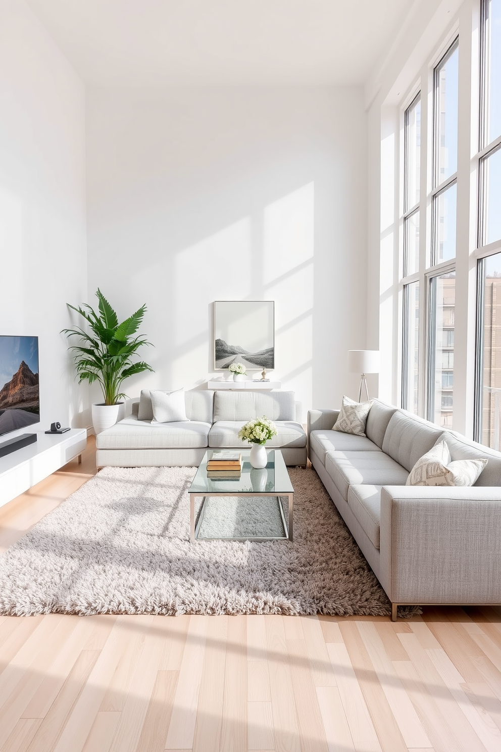 A stylish condo living room featuring a spacious sectional sofa in a light gray fabric that maximizes seating while maintaining an open feel. The sectional is complemented by a sleek glass coffee table and a plush area rug that adds warmth to the space. The walls are painted in a soft white hue, creating a bright and airy atmosphere. Large windows allow natural light to flood the room, enhancing the modern decor and inviting ambiance.