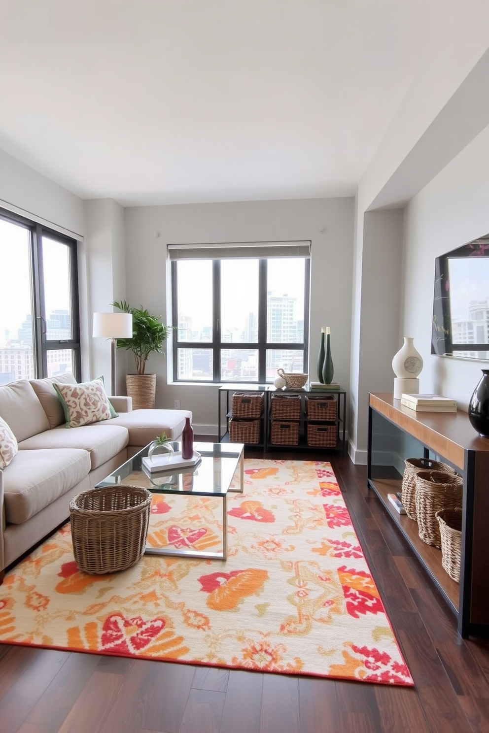 A modern condo living room that features decorative baskets for stylish storage. The space includes a plush sectional sofa in a neutral tone, paired with a sleek coffee table made of glass and metal. On one side, a set of woven baskets is neatly arranged under a console table, adding texture and organization. The walls are painted in a soft gray, and large windows allow natural light to fill the room, highlighting a vibrant area rug.