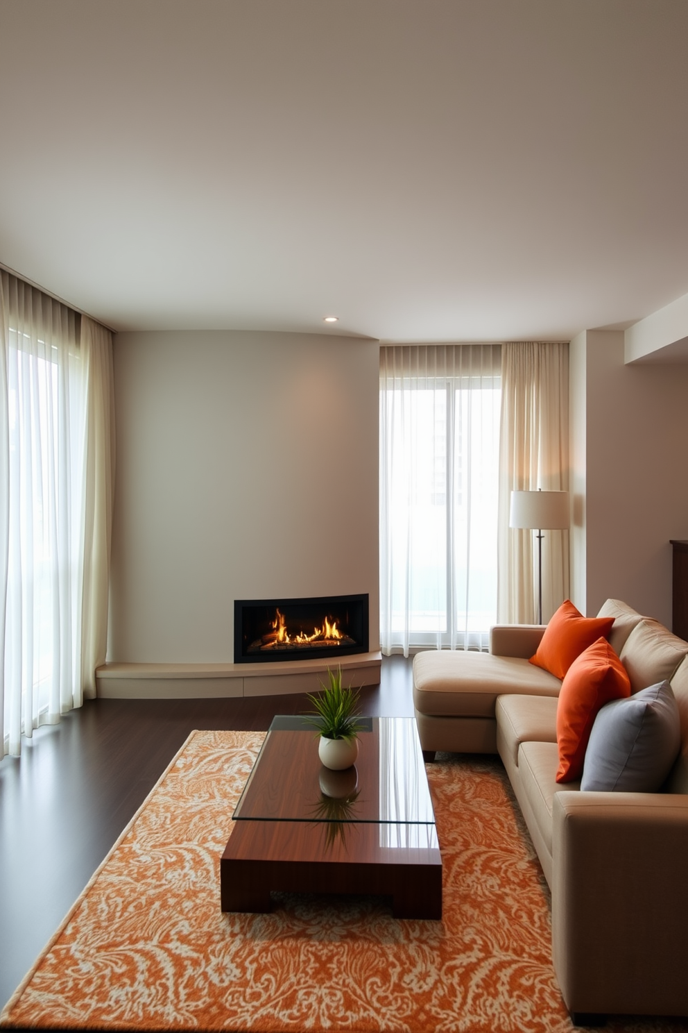 A stylish condo living room featuring a modern fireplace as the focal point. The space includes a plush sectional sofa in a neutral tone, accented with colorful throw pillows, and a sleek coffee table made of glass and wood. Warm light from the fireplace casts a cozy glow across the room, enhancing the inviting atmosphere. Large windows allow natural light to flood in, complemented by sheer curtains that add a touch of elegance.