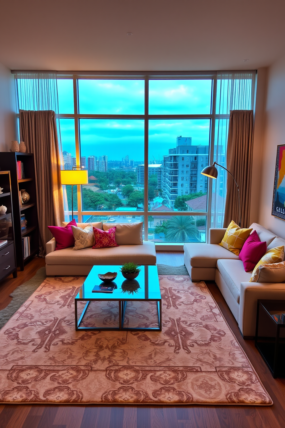 A stylish condo living room featuring large windows adorned with floor-to-ceiling curtains that softly frame the view. The space is filled with a plush sectional sofa in a neutral tone, complemented by colorful throw pillows that add a pop of vibrancy. A sleek coffee table made of glass and metal sits at the center, surrounded by a cozy area rug that anchors the seating arrangement. To one side, a modern bookshelf showcases decorative items and books, while a statement floor lamp provides warm lighting for evening relaxation.